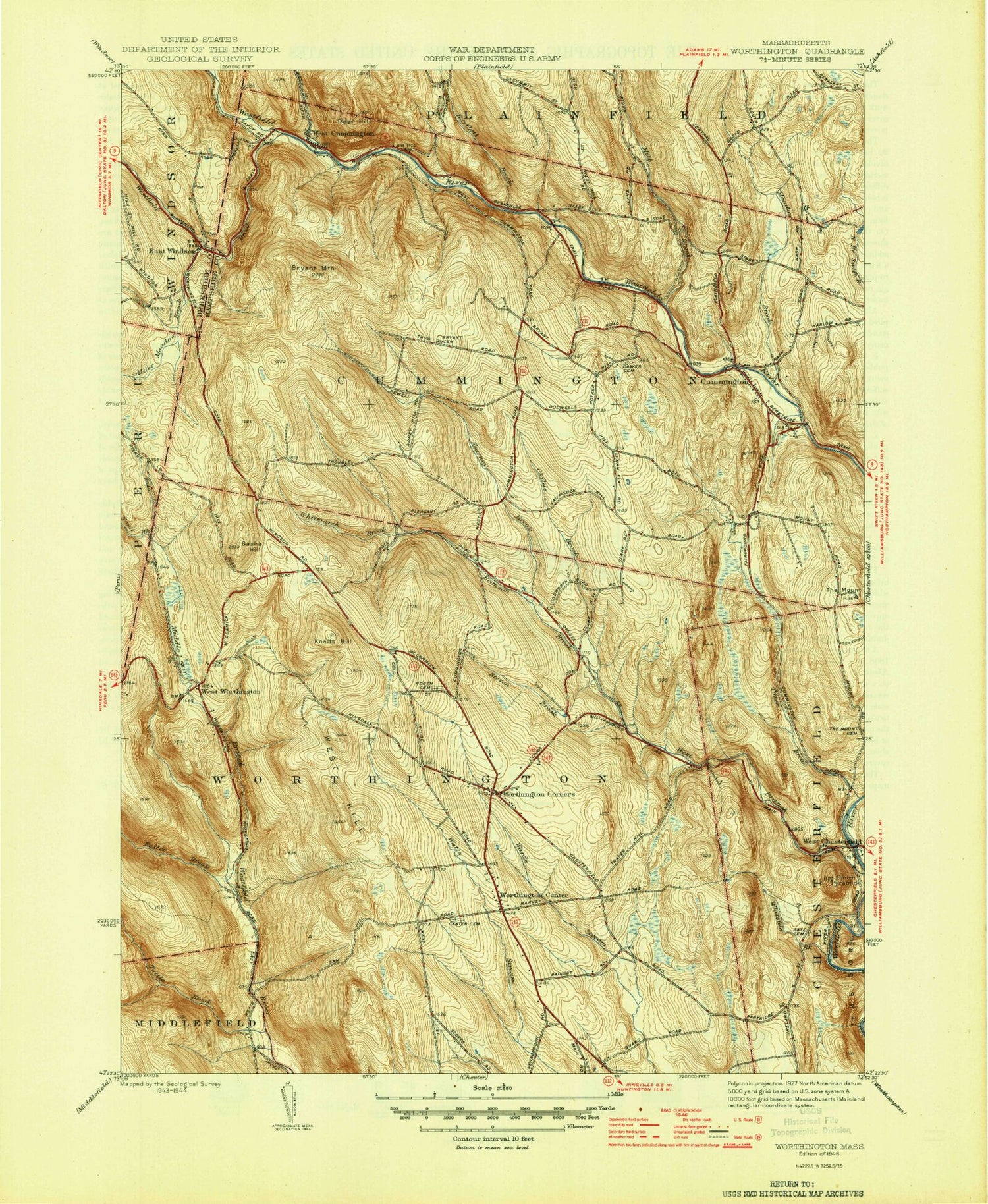 Classic USGS Worthington Massachusetts 7.5'x7.5' Topo Map Image