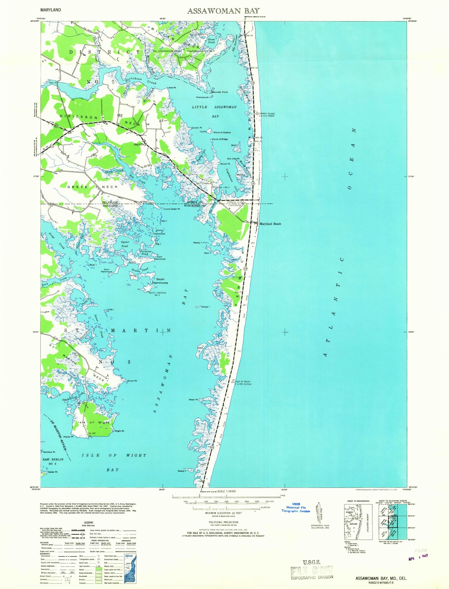 Classic USGS Assawoman Bay Maryland 7.5'x7.5' Topo Map Image