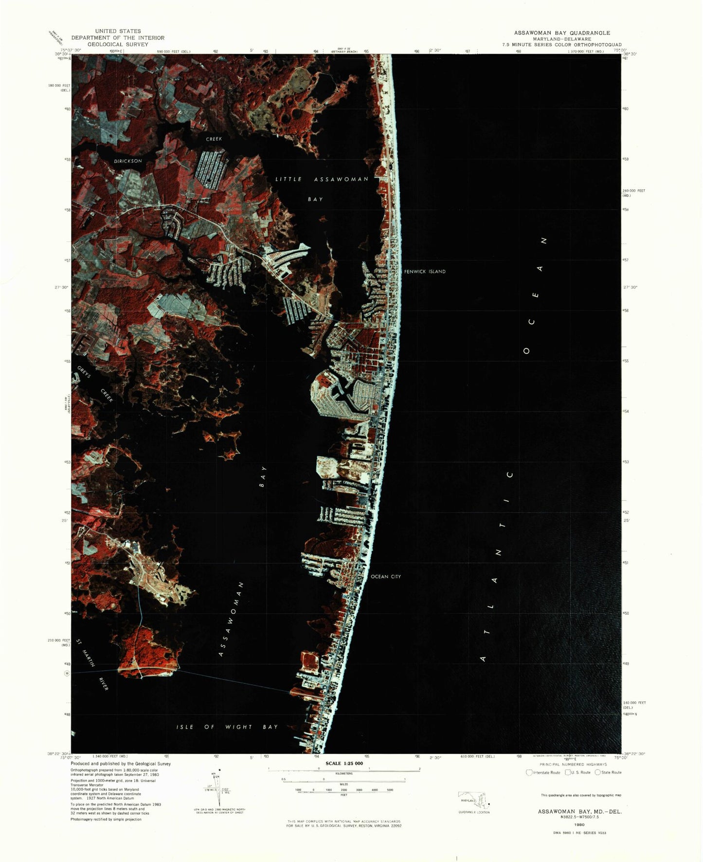 Classic USGS Assawoman Bay Maryland 7.5'x7.5' Topo Map Image