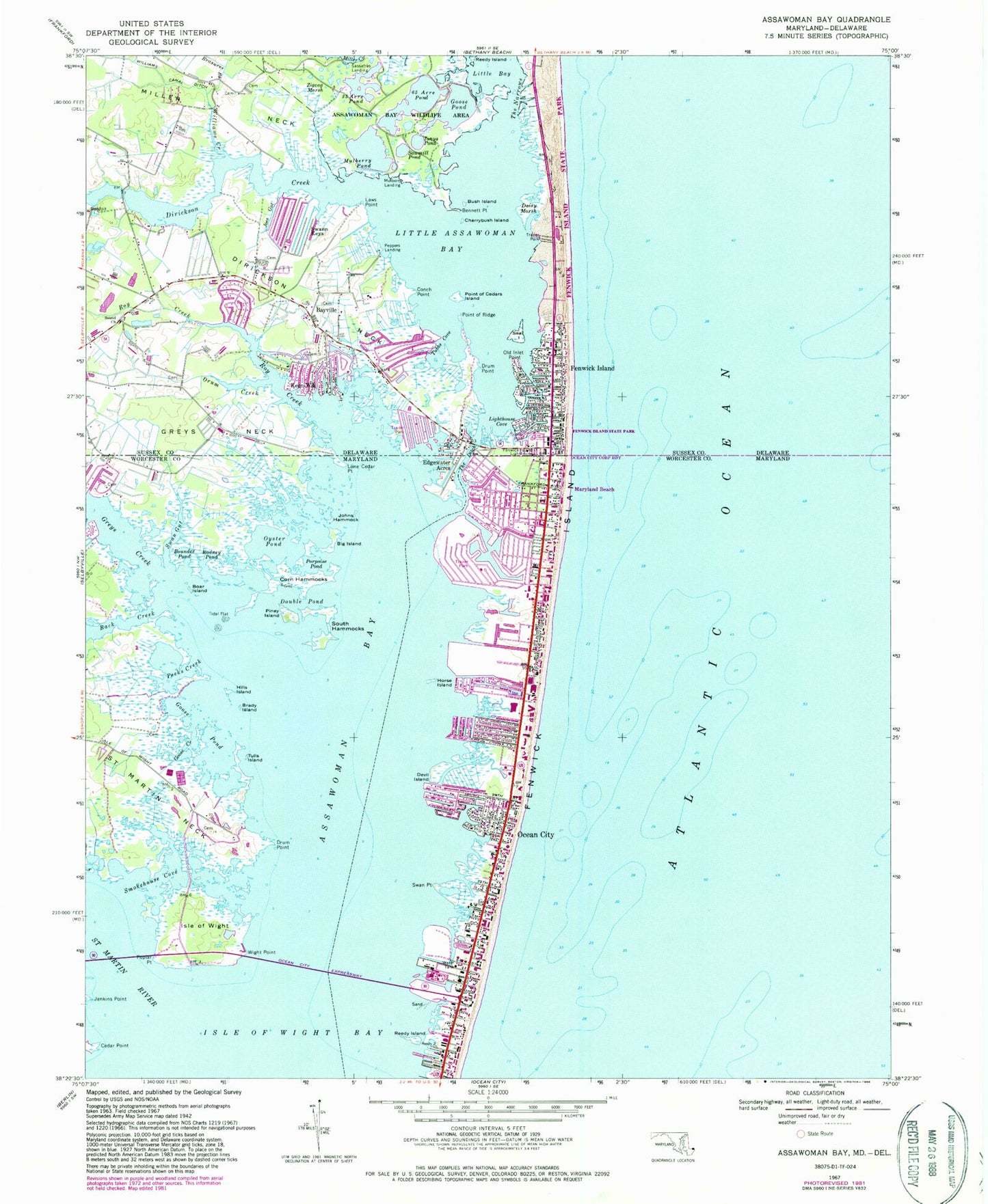 Classic USGS Assawoman Bay Maryland 7.5'x7.5' Topo Map Image