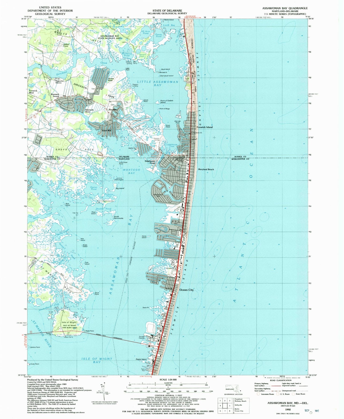 Classic USGS Assawoman Bay Maryland 7.5'x7.5' Topo Map Image