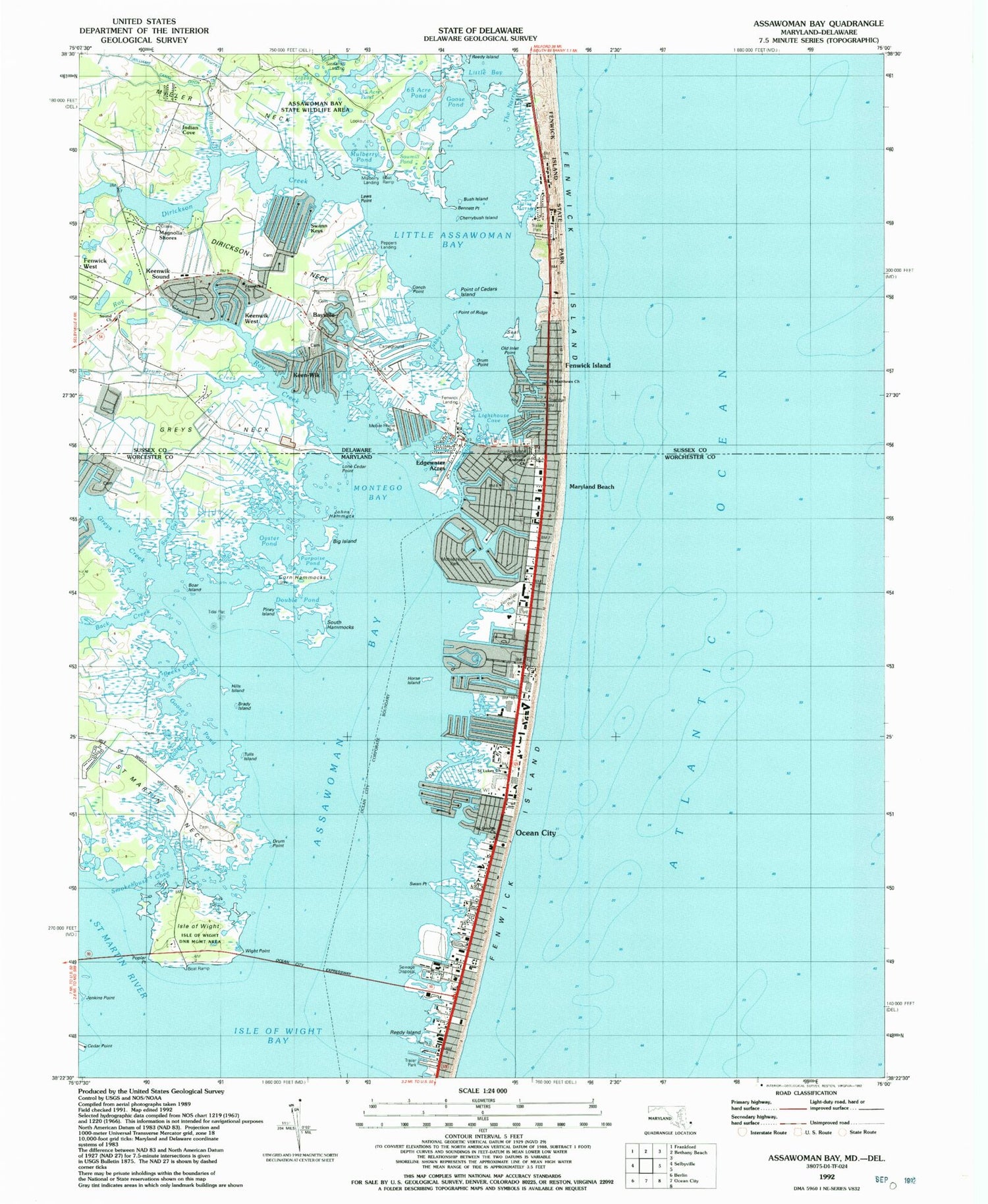 Classic USGS Assawoman Bay Maryland 7.5'x7.5' Topo Map Image