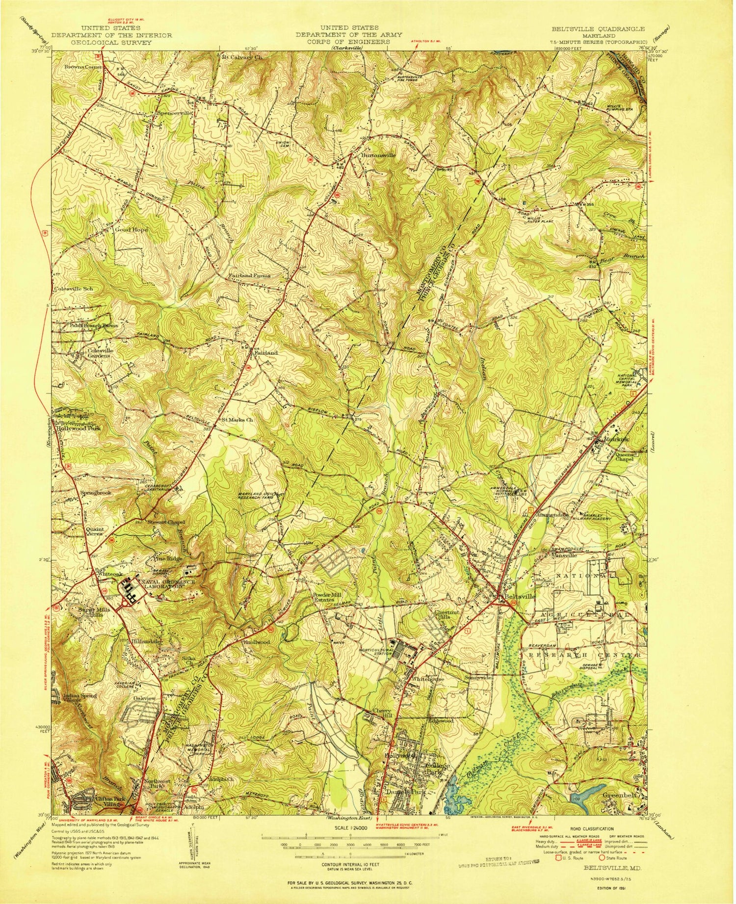 Classic USGS Beltsville Maryland 7.5'x7.5' Topo Map Image