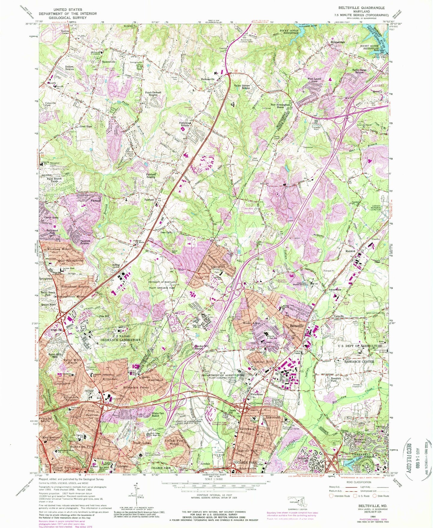 Classic USGS Beltsville Maryland 7.5'x7.5' Topo Map Image