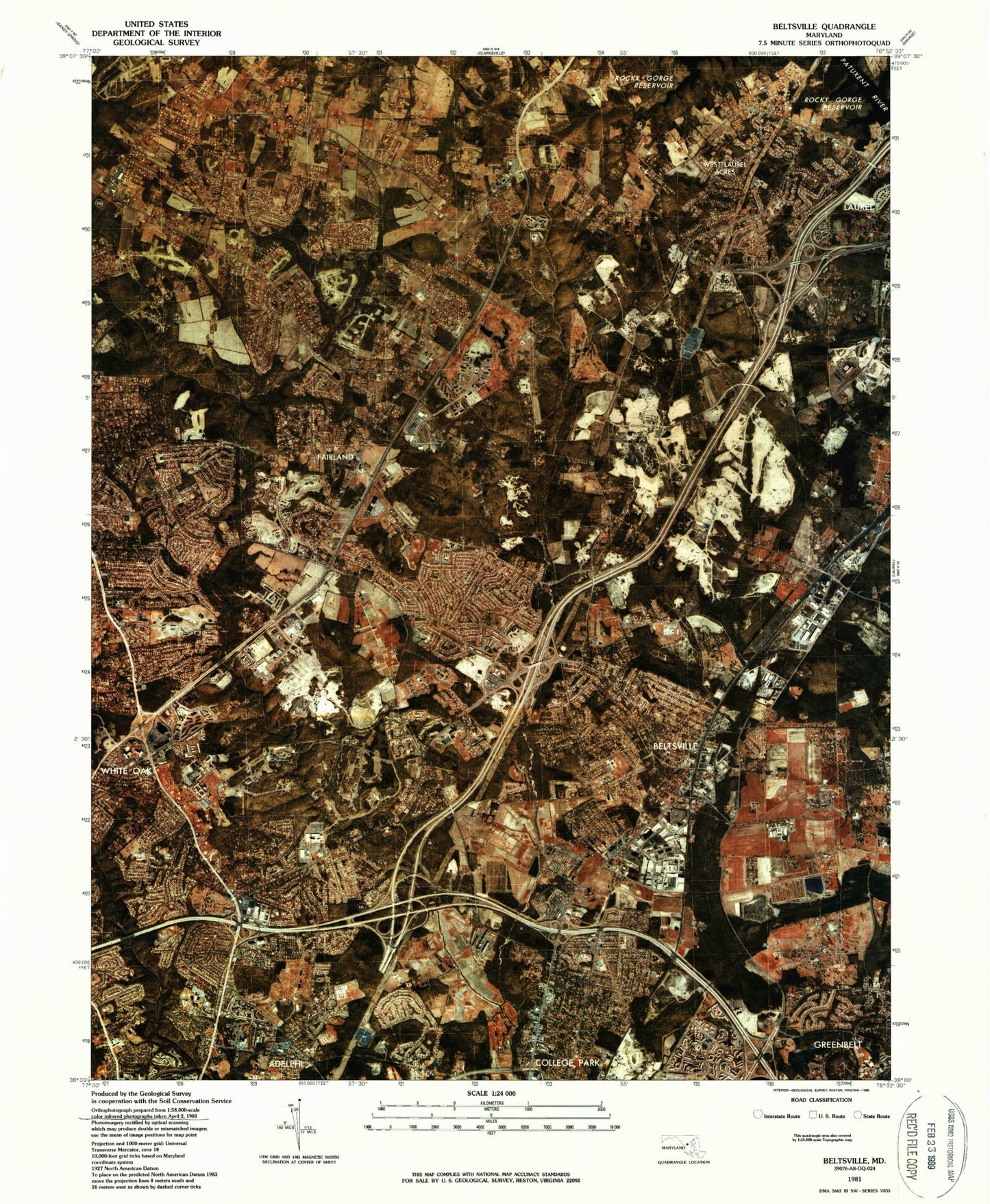 Classic USGS Beltsville Maryland 7.5'x7.5' Topo Map Image