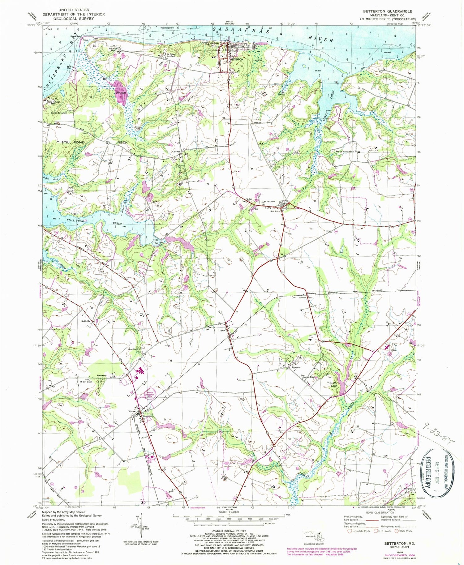Classic USGS Betterton Maryland 7.5'x7.5' Topo Map Image