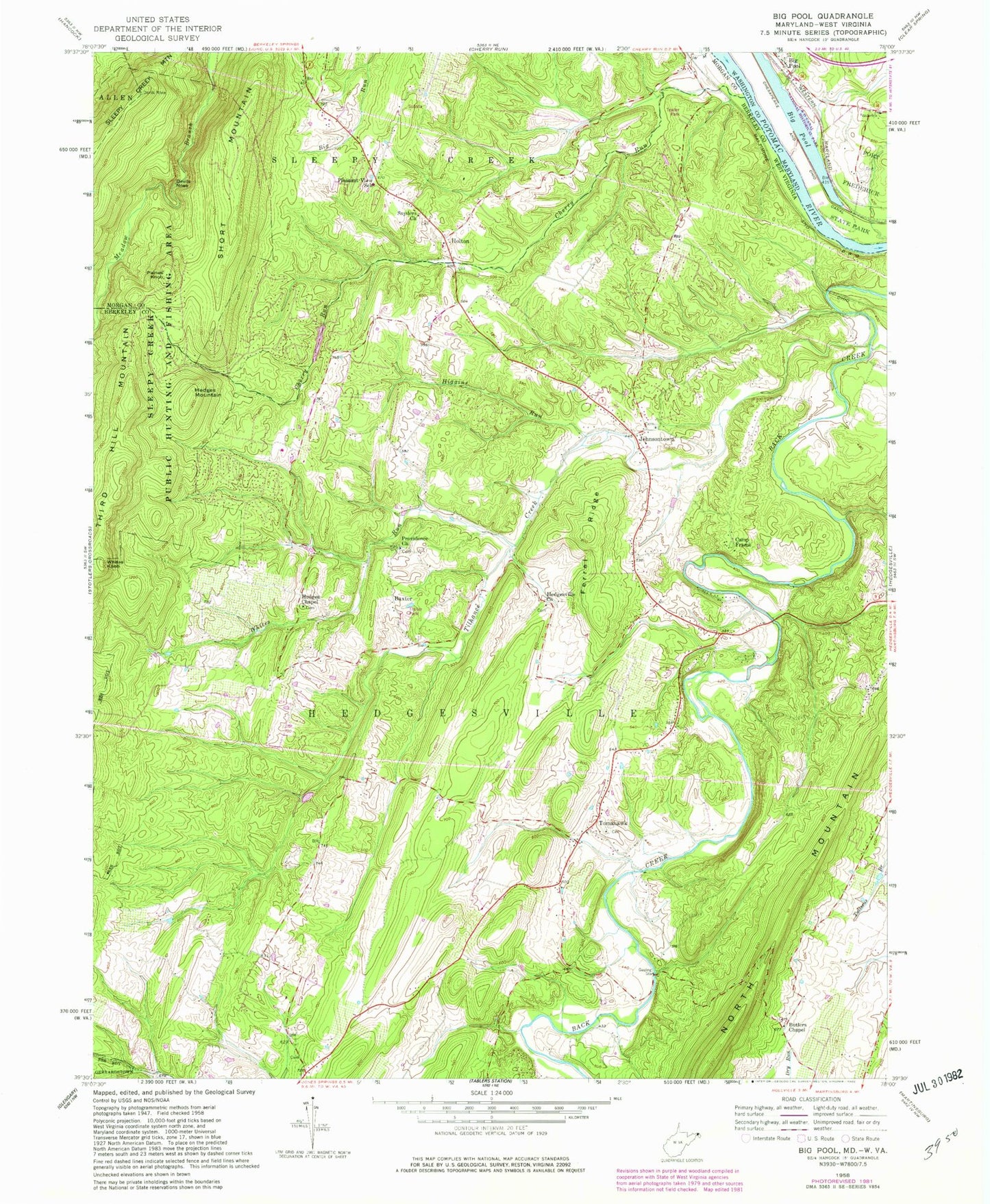 Classic USGS Big Pool Maryland 7.5'x7.5' Topo Map Image