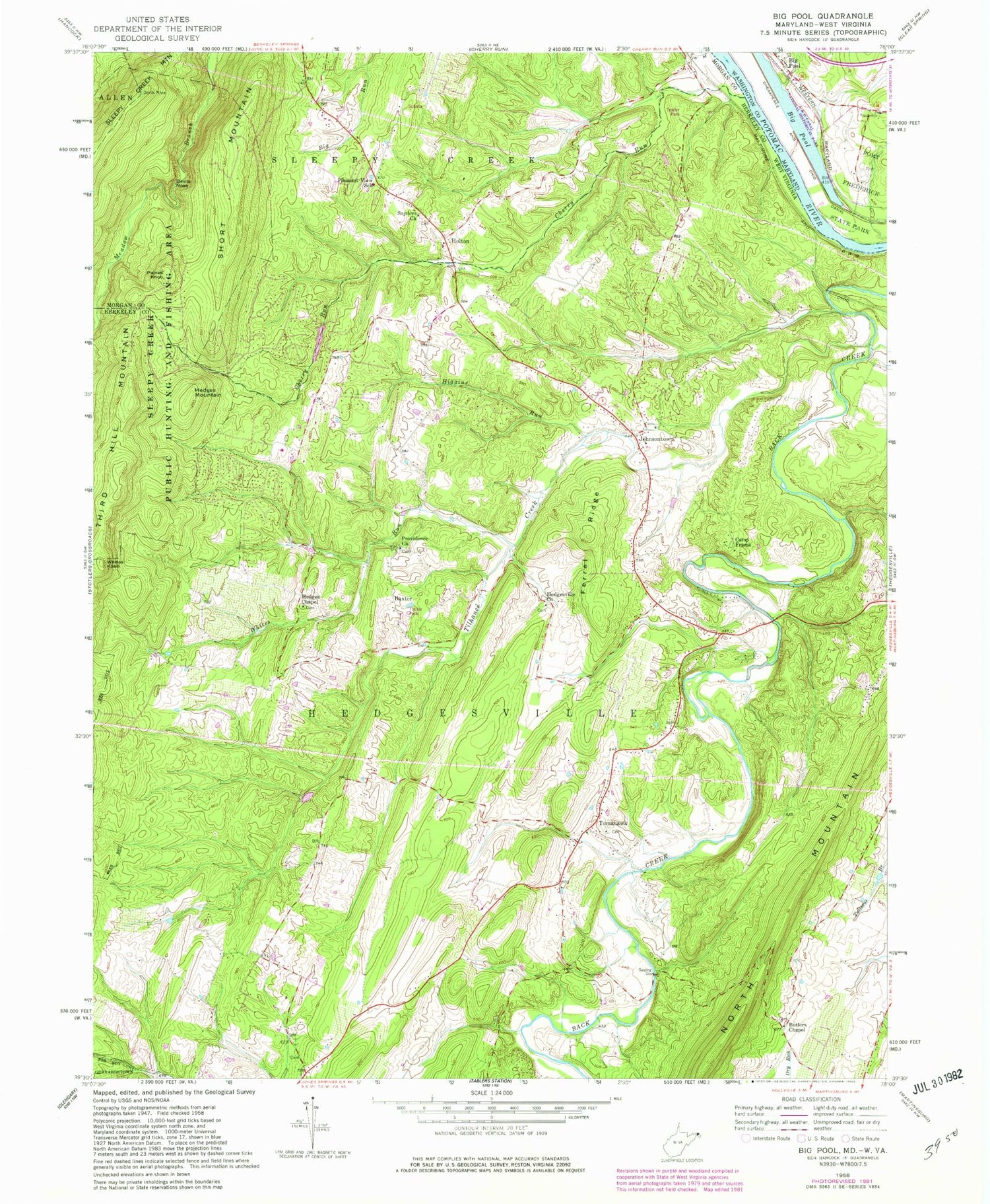 Classic USGS Big Pool Maryland 7.5'x7.5' Topo Map Image