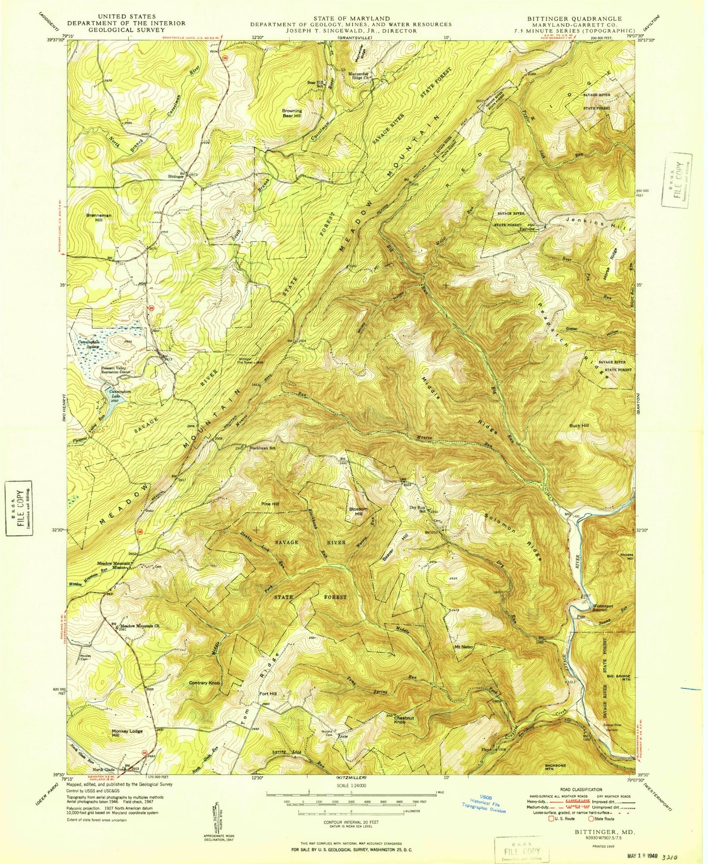 Classic USGS Bittinger Maryland 7.5'x7.5' Topo Map Image
