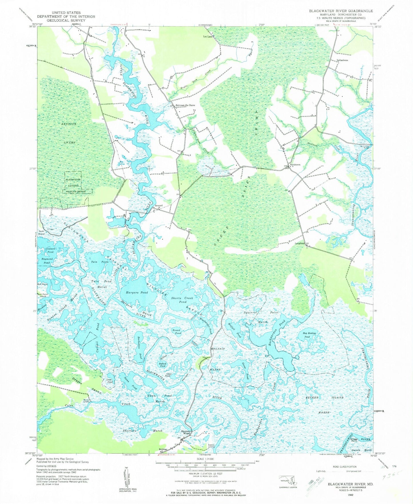Classic USGS Blackwater River Maryland 7.5'x7.5' Topo Map Image