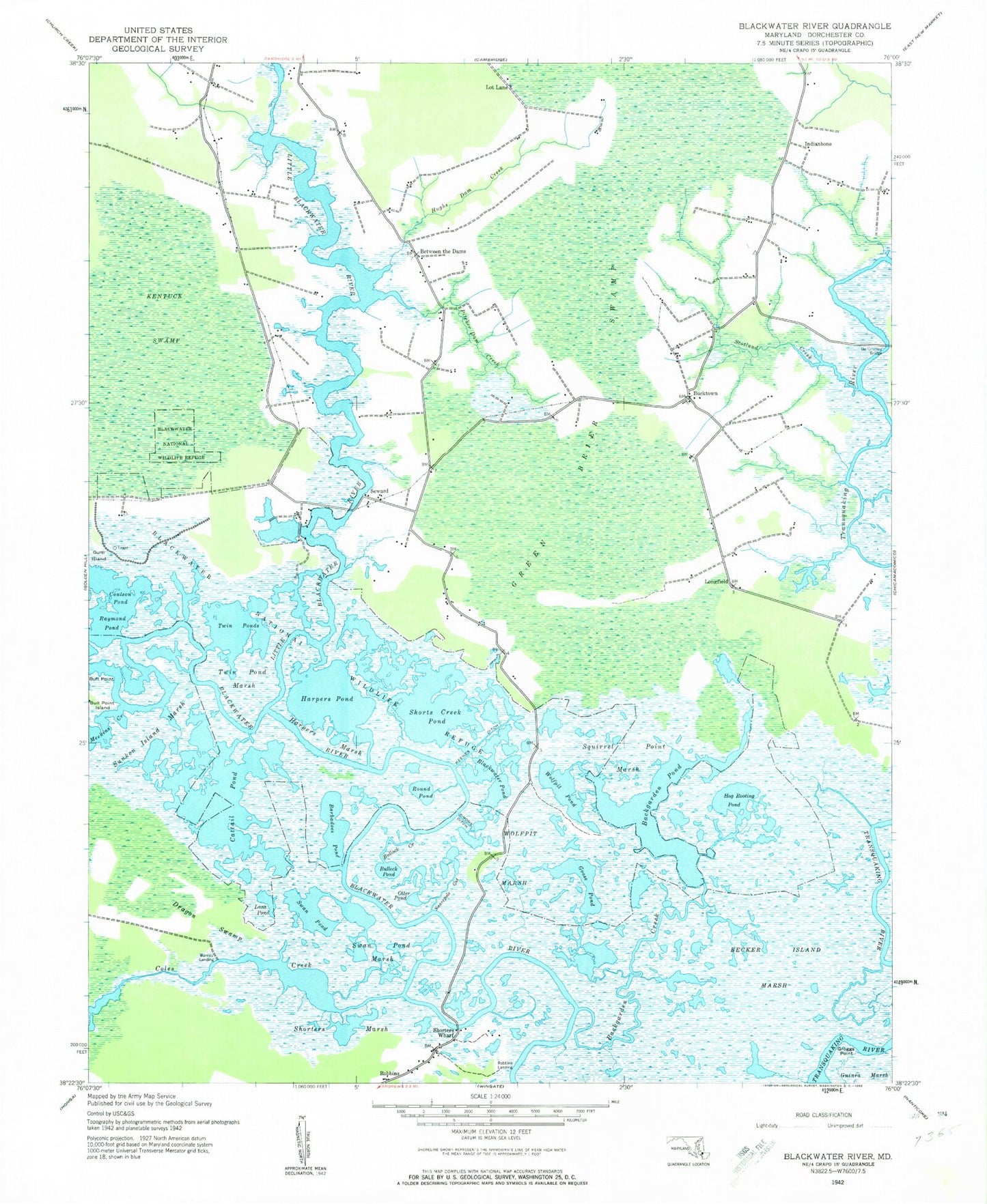 Classic USGS Blackwater River Maryland 7.5'x7.5' Topo Map Image