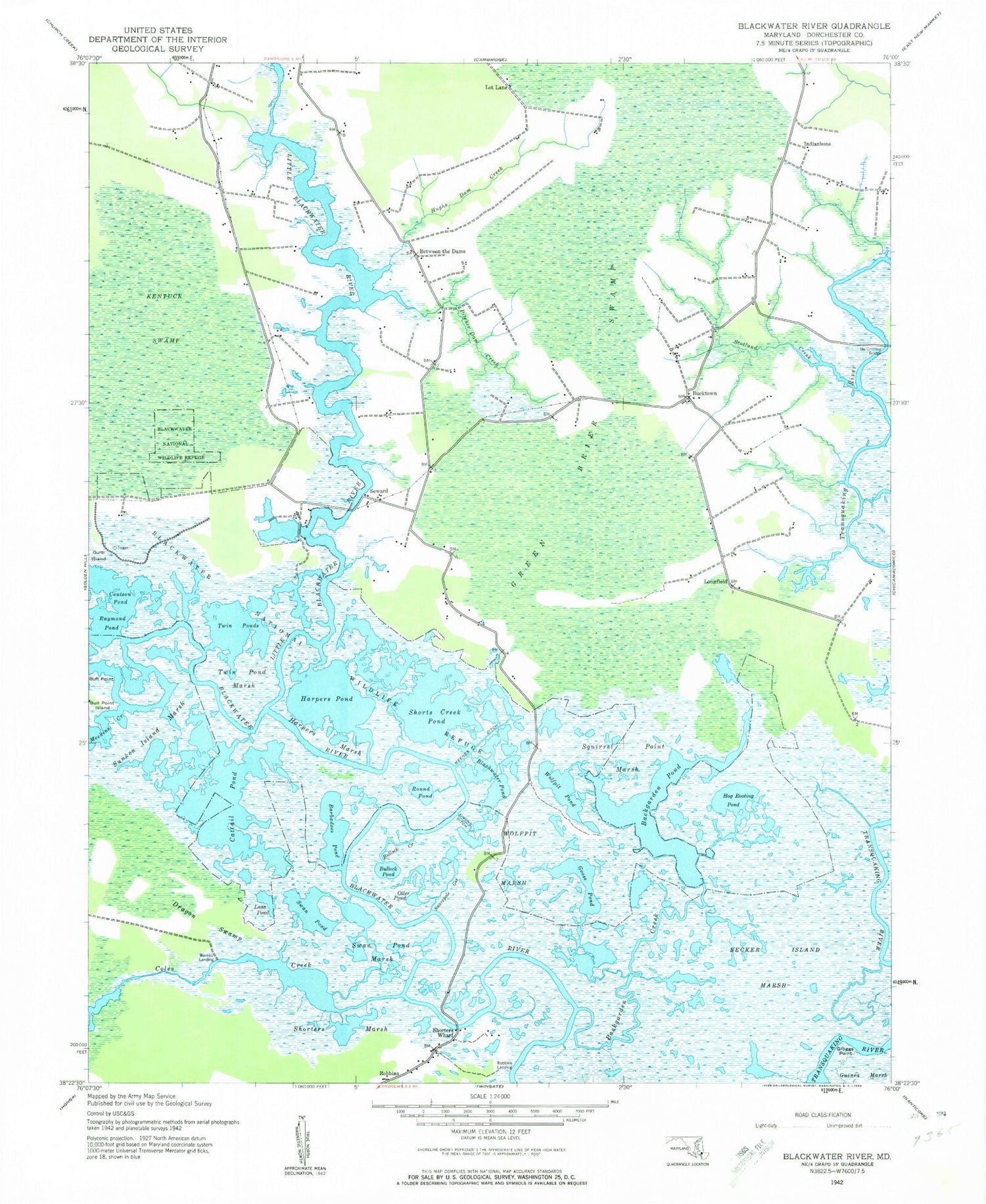 Classic USGS Blackwater River Maryland 7.5'x7.5' Topo Map Image