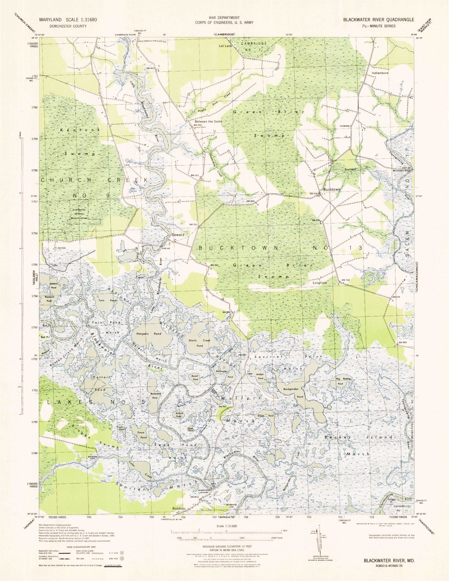 Classic USGS Blackwater River Maryland 7.5'x7.5' Topo Map Image