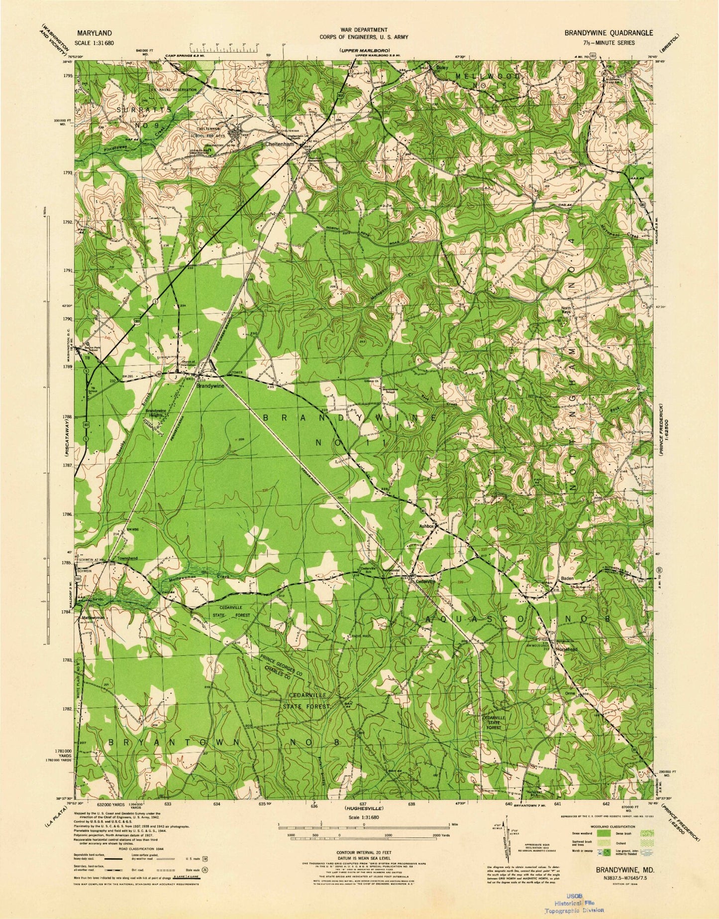 Classic USGS Brandywine Maryland 7.5'x7.5' Topo Map Image