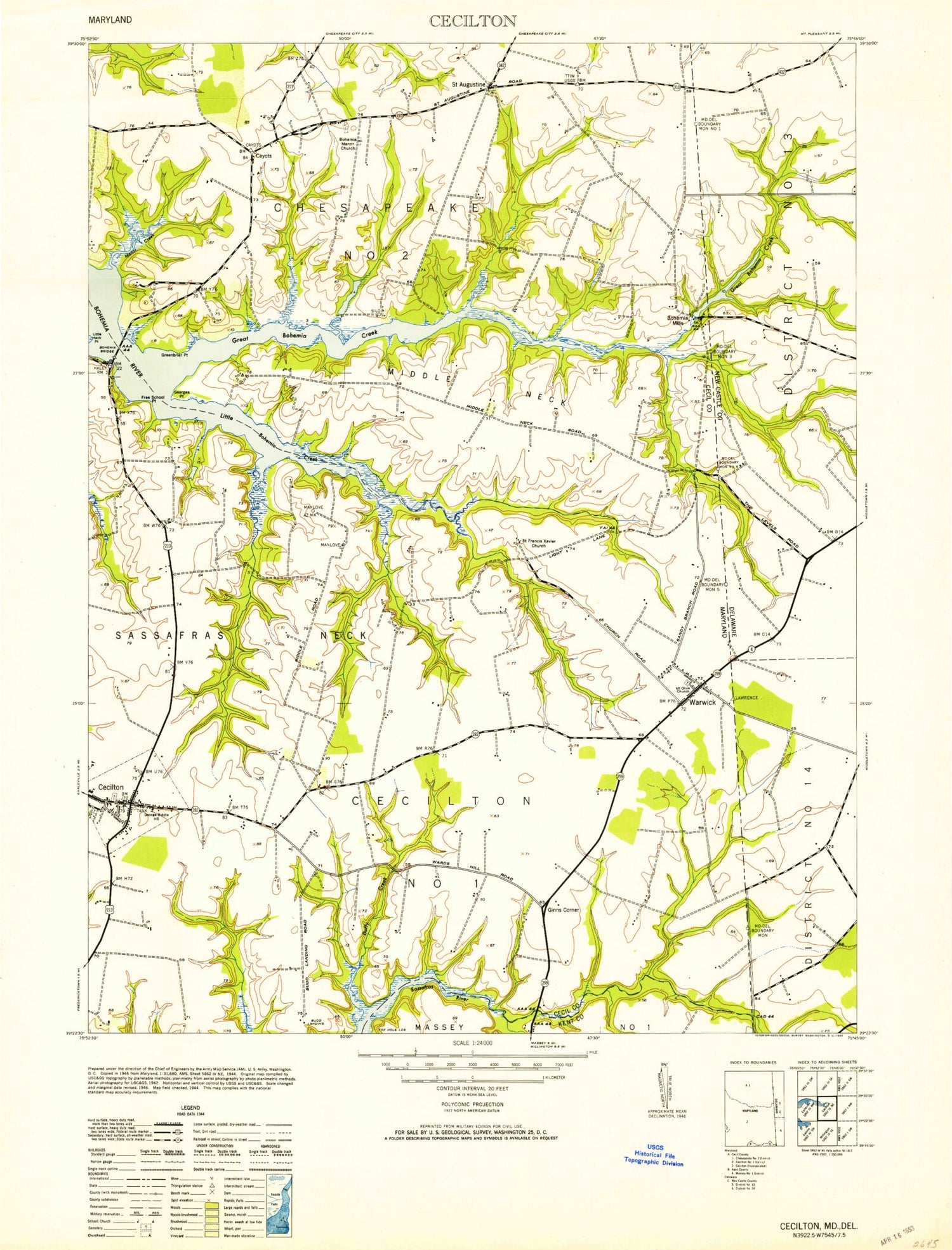 Classic USGS Cecilton Maryland 7.5'x7.5' Topo Map Image