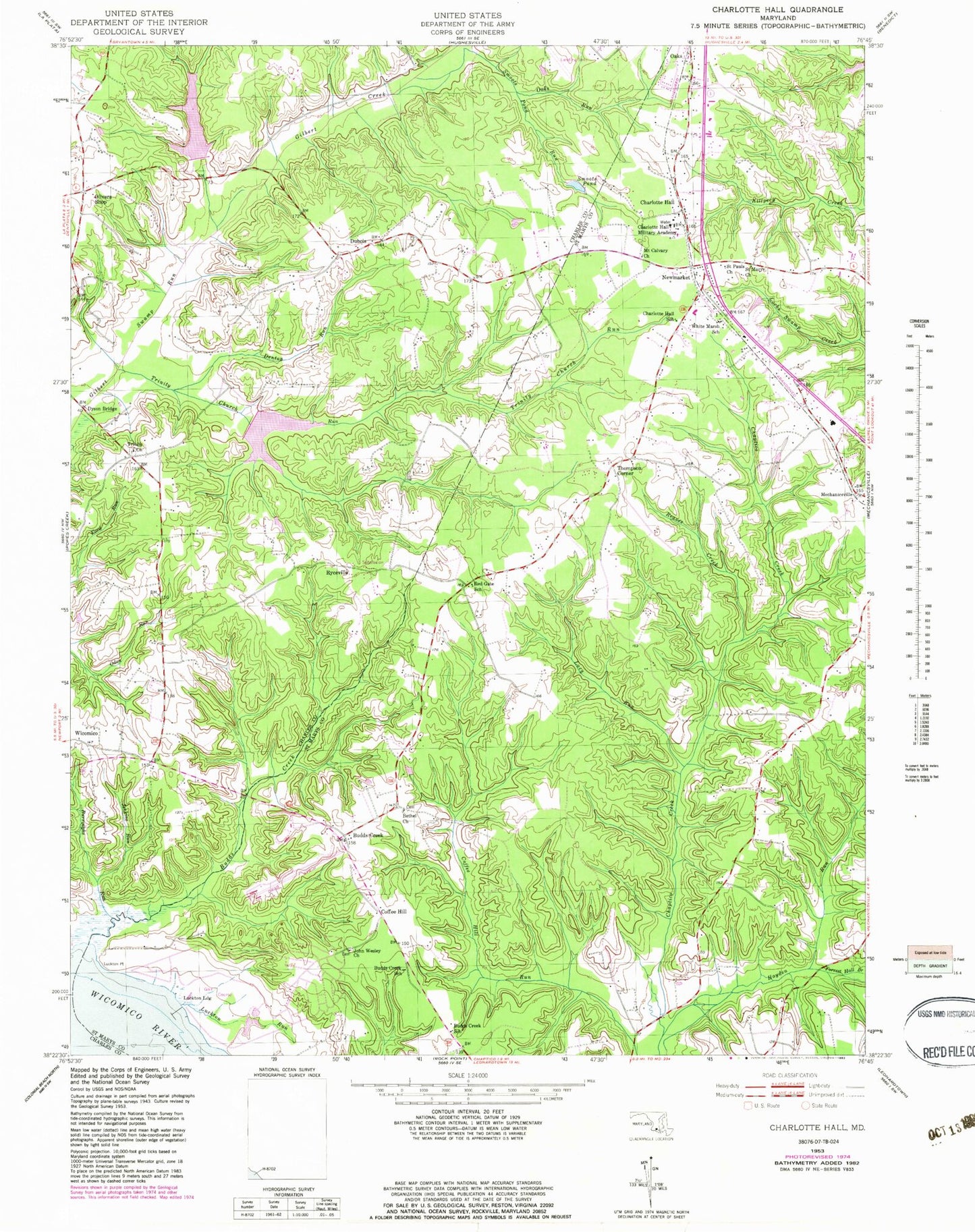 Classic USGS Charlotte Hall Maryland 7.5'x7.5' Topo Map Image