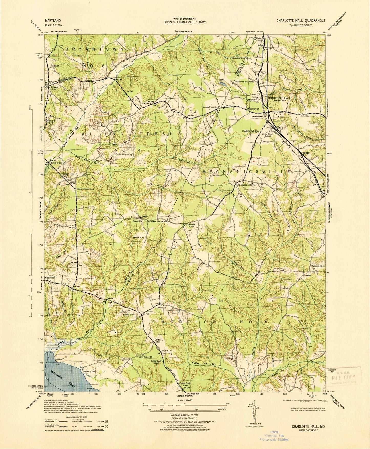 Classic USGS Charlotte Hall Maryland 7.5'x7.5' Topo Map Image