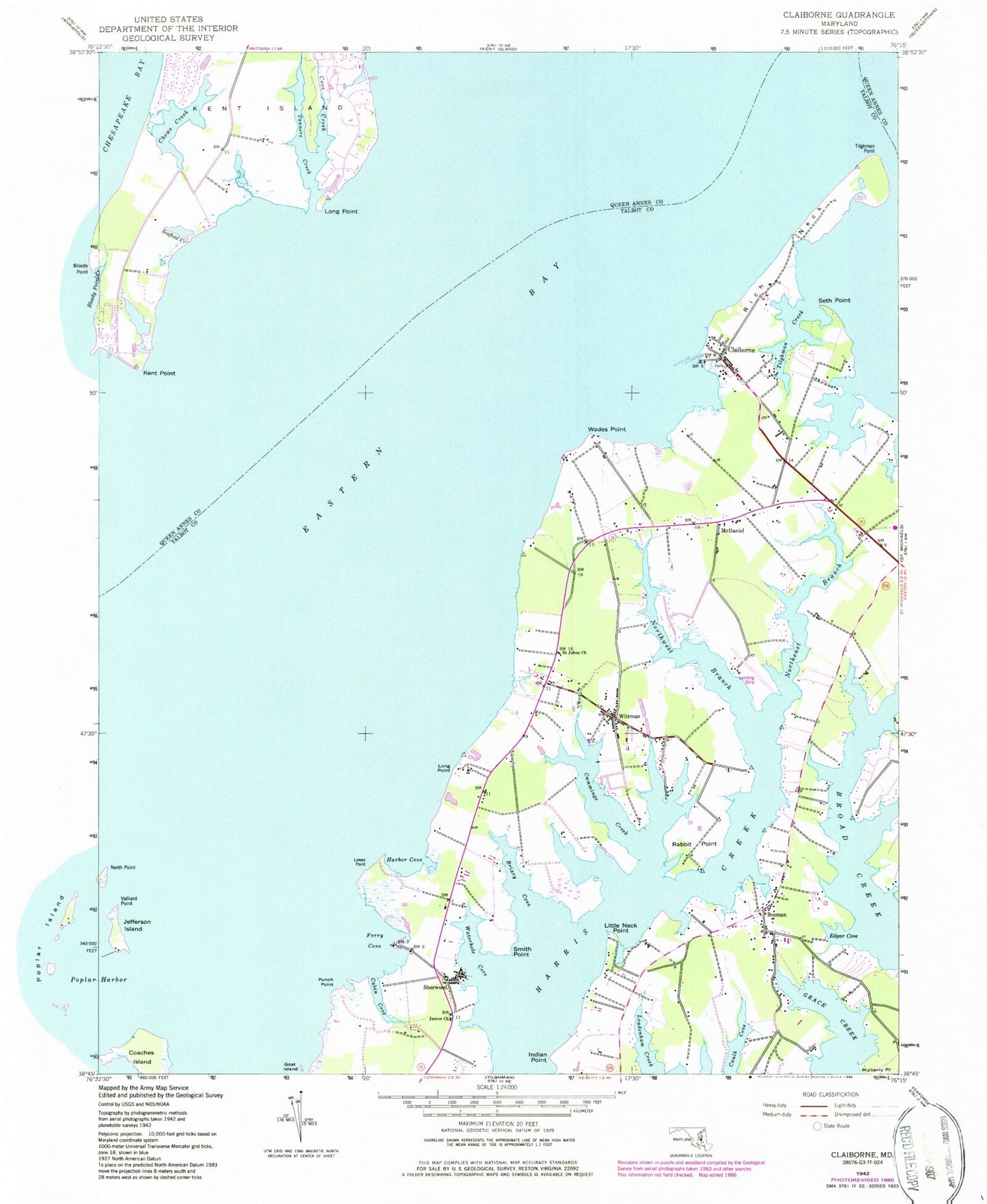 Classic USGS Claiborne Maryland 7.5'x7.5' Topo Map Image