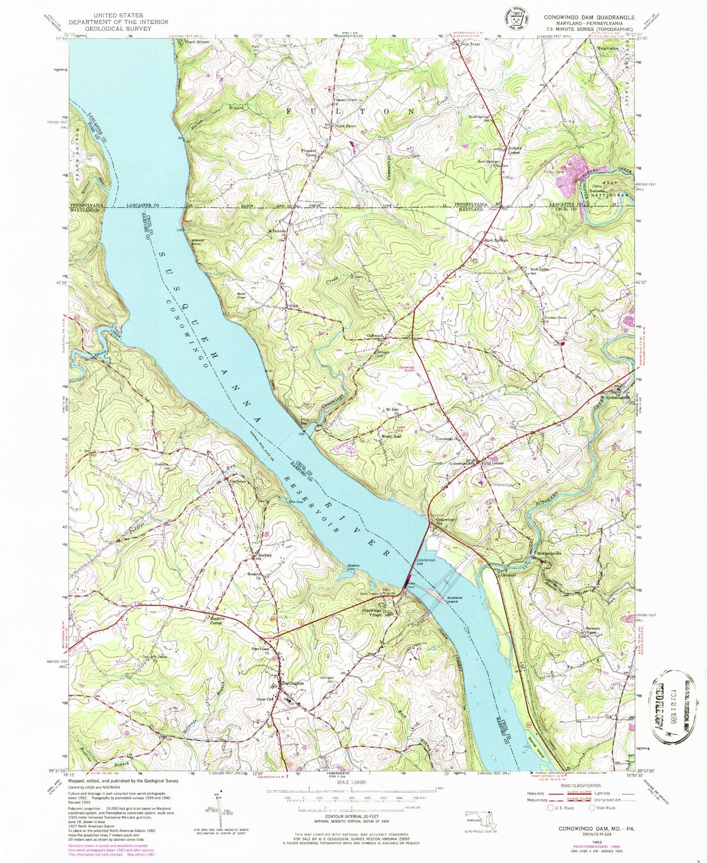 Classic USGS Conowingo Dam Maryland 7.5'x7.5' Topo Map Image