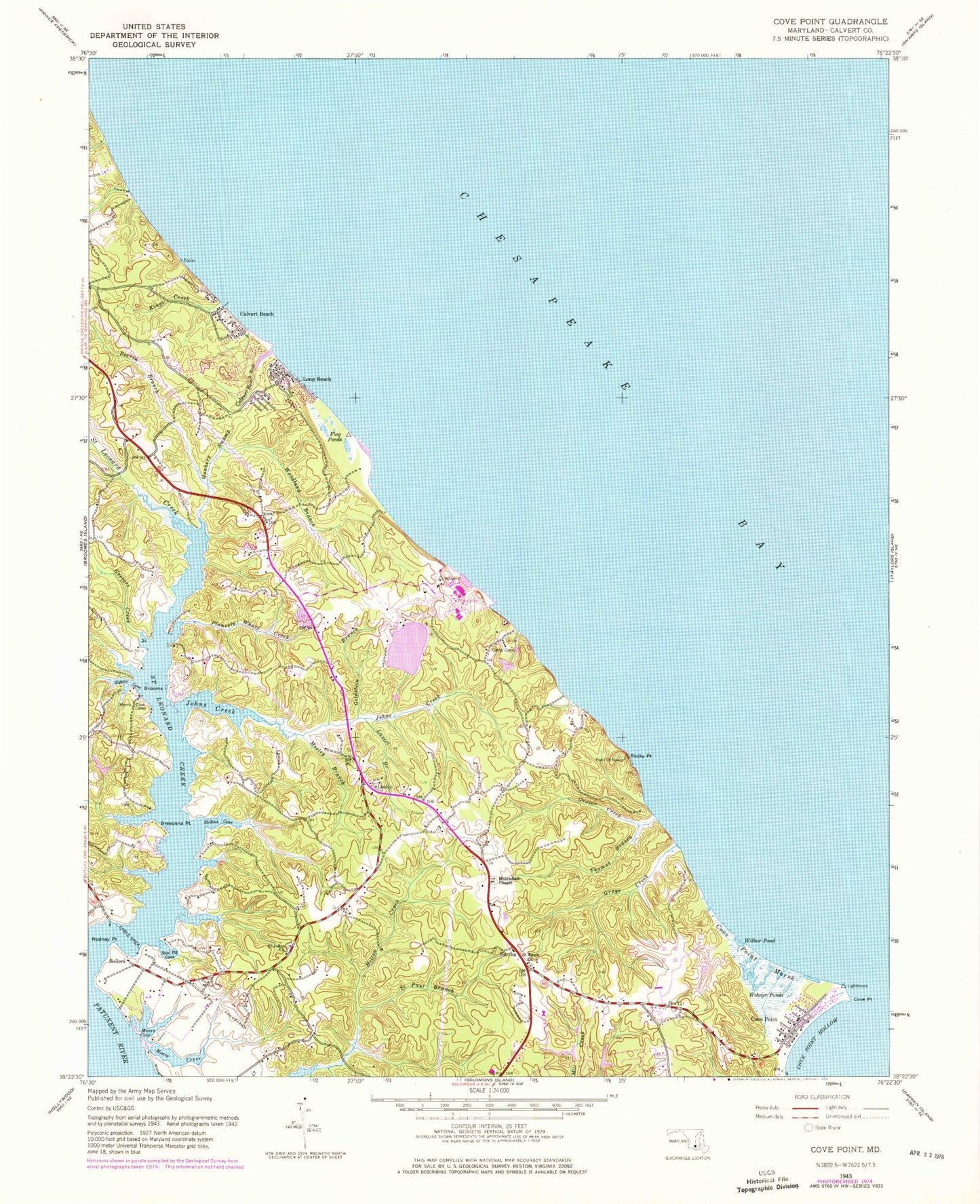 Classic USGS Cove Point Maryland 7.5'x7.5' Topo Map Image