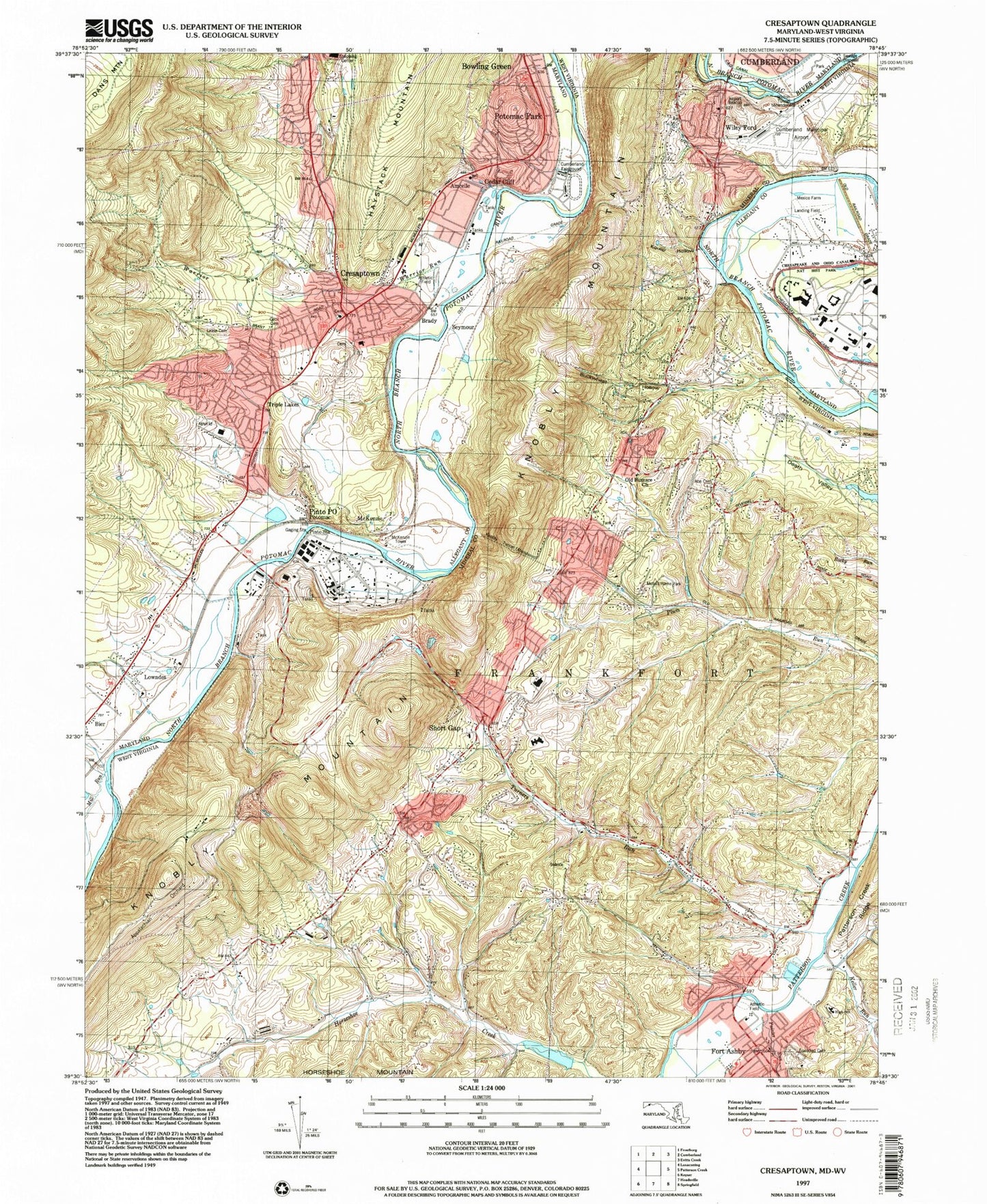 Classic USGS Cresaptown Maryland 7.5'x7.5' Topo Map Image