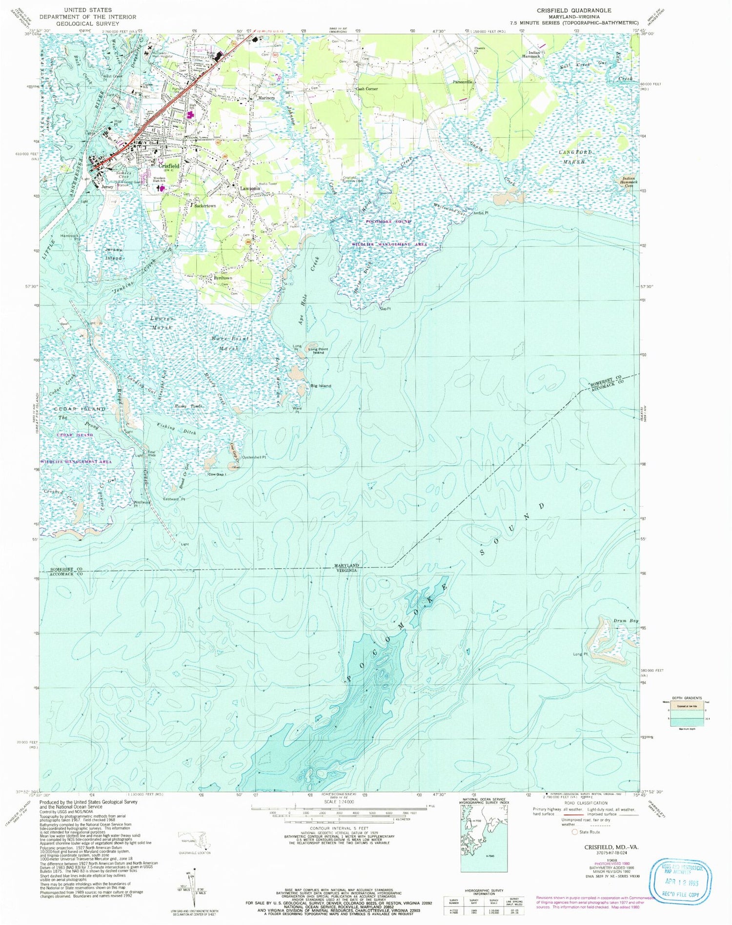 Classic USGS Crisfield Maryland 7.5'x7.5' Topo Map Image