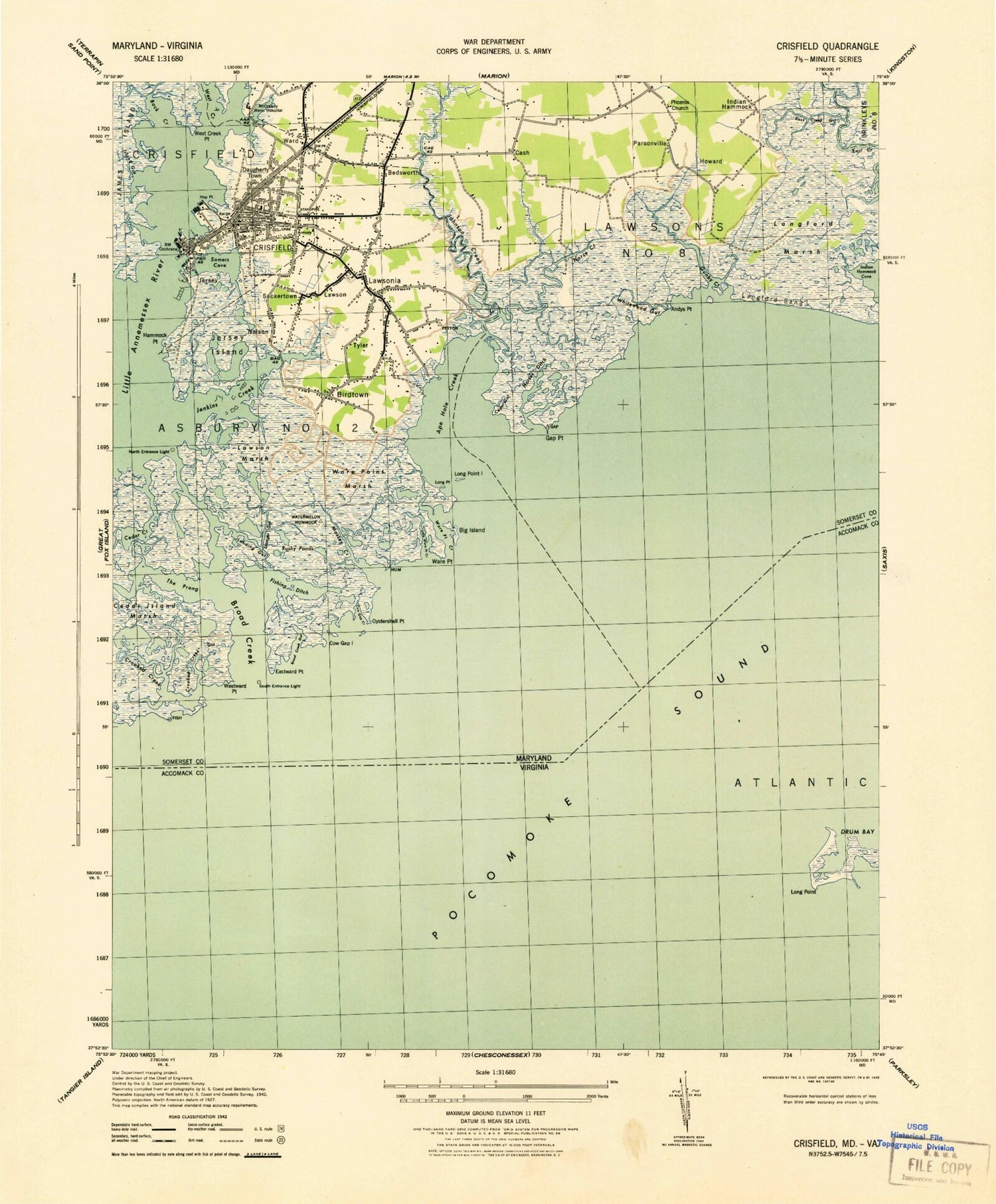 Classic USGS Crisfield Maryland 7.5'x7.5' Topo Map Image