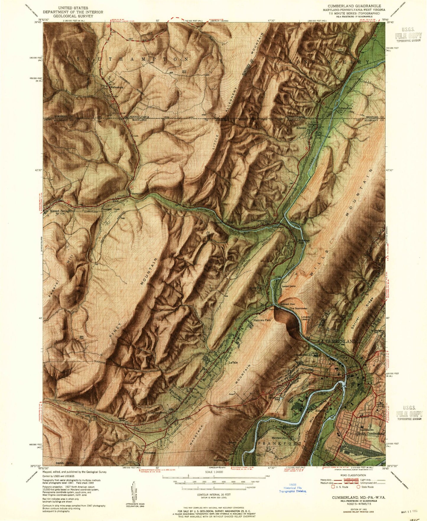 Classic USGS Cumberland Maryland 7.5'x7.5' Topo Map Image