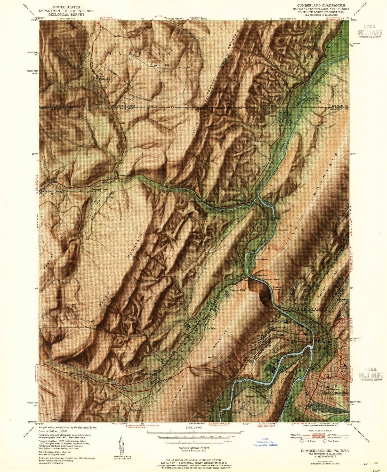 Classic USGS Cumberland Maryland 7.5'x7.5' Topo Map Image