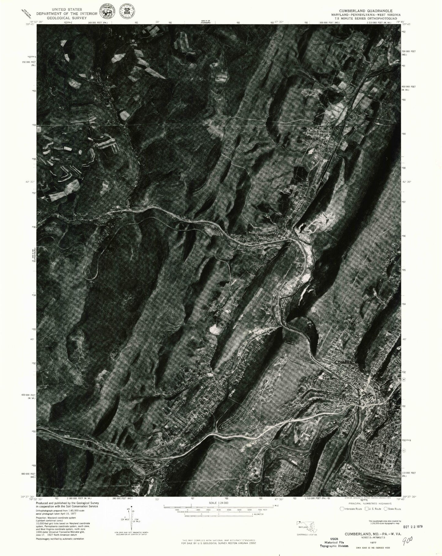 Classic USGS Cumberland Maryland 7.5'x7.5' Topo Map Image