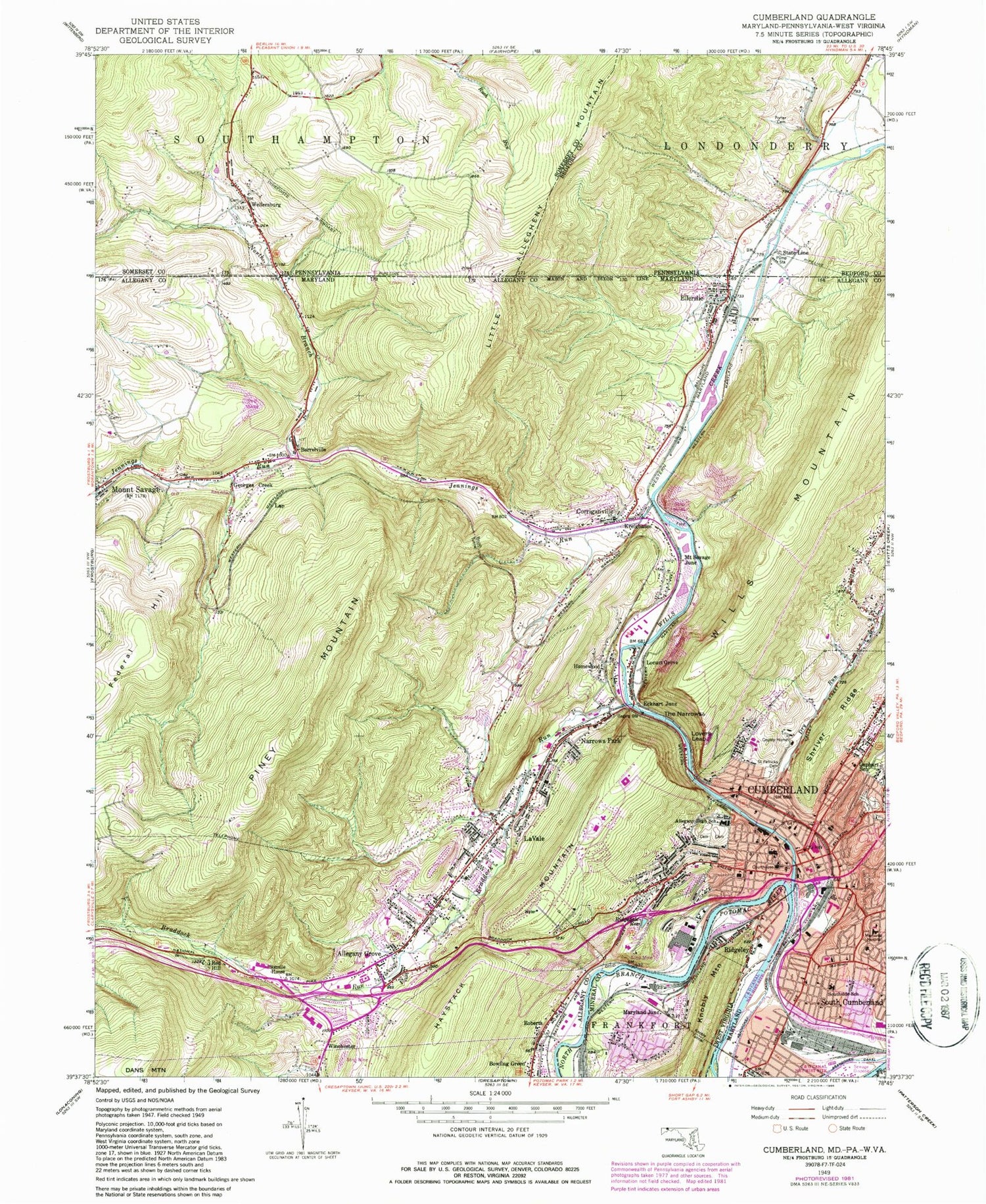 Classic USGS Cumberland Maryland 7.5'x7.5' Topo Map Image