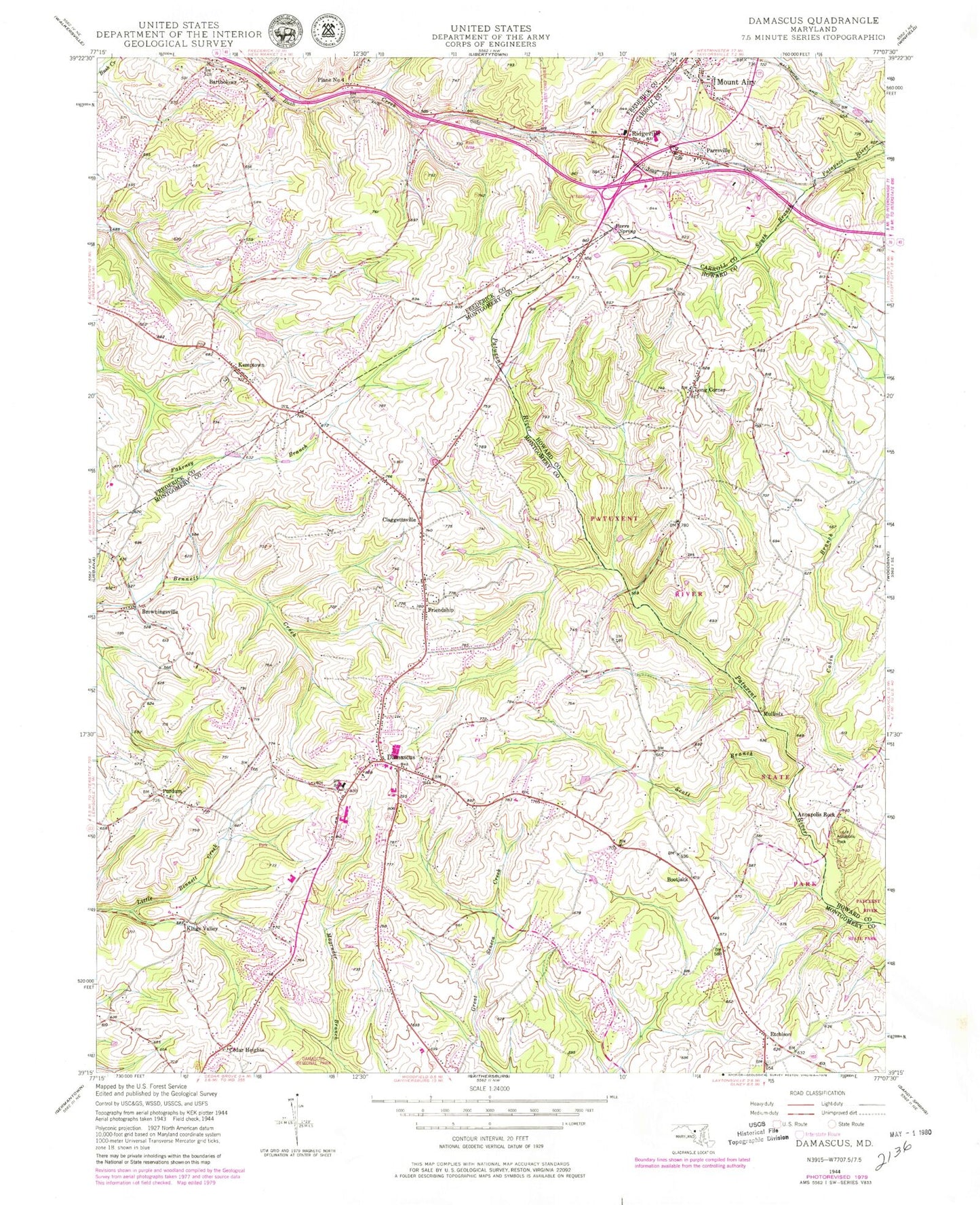 Classic USGS Damascus Maryland 7.5'x7.5' Topo Map Image