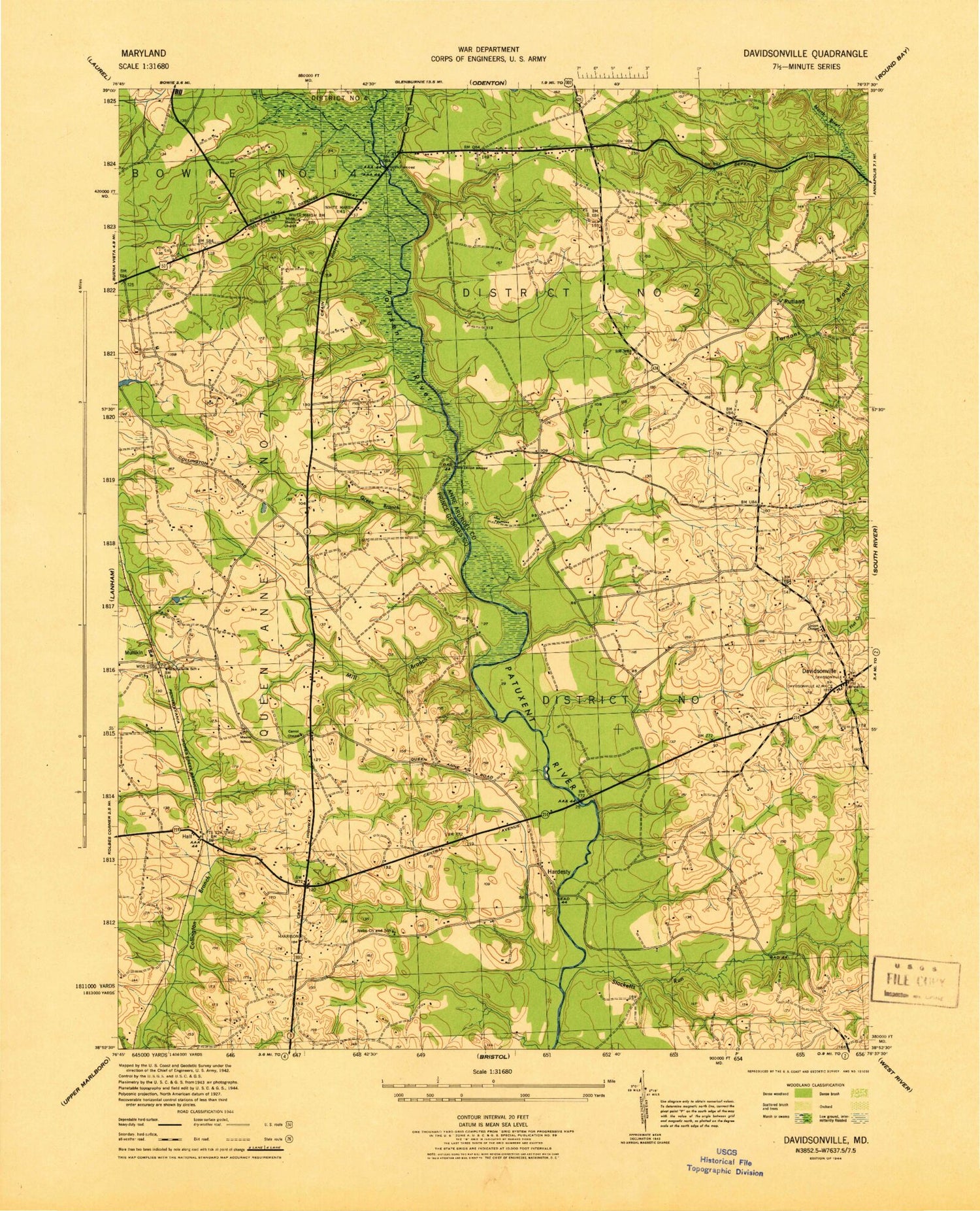 Classic USGS Bowie Maryland 7.5'x7.5' Topo Map Image
