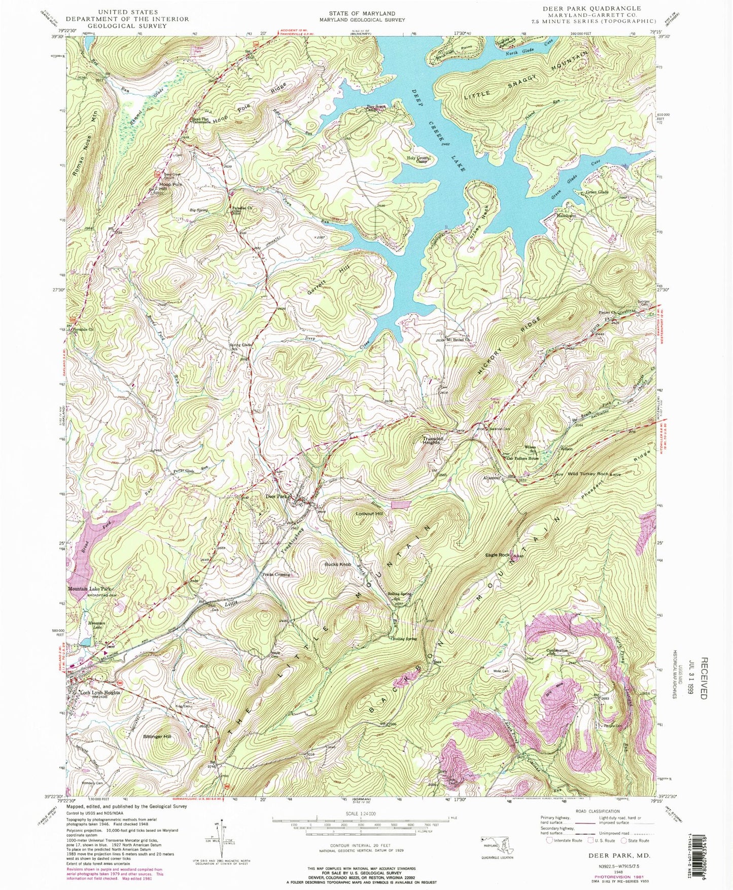 Classic USGS Deer Park Maryland 7.5'x7.5' Topo Map Image