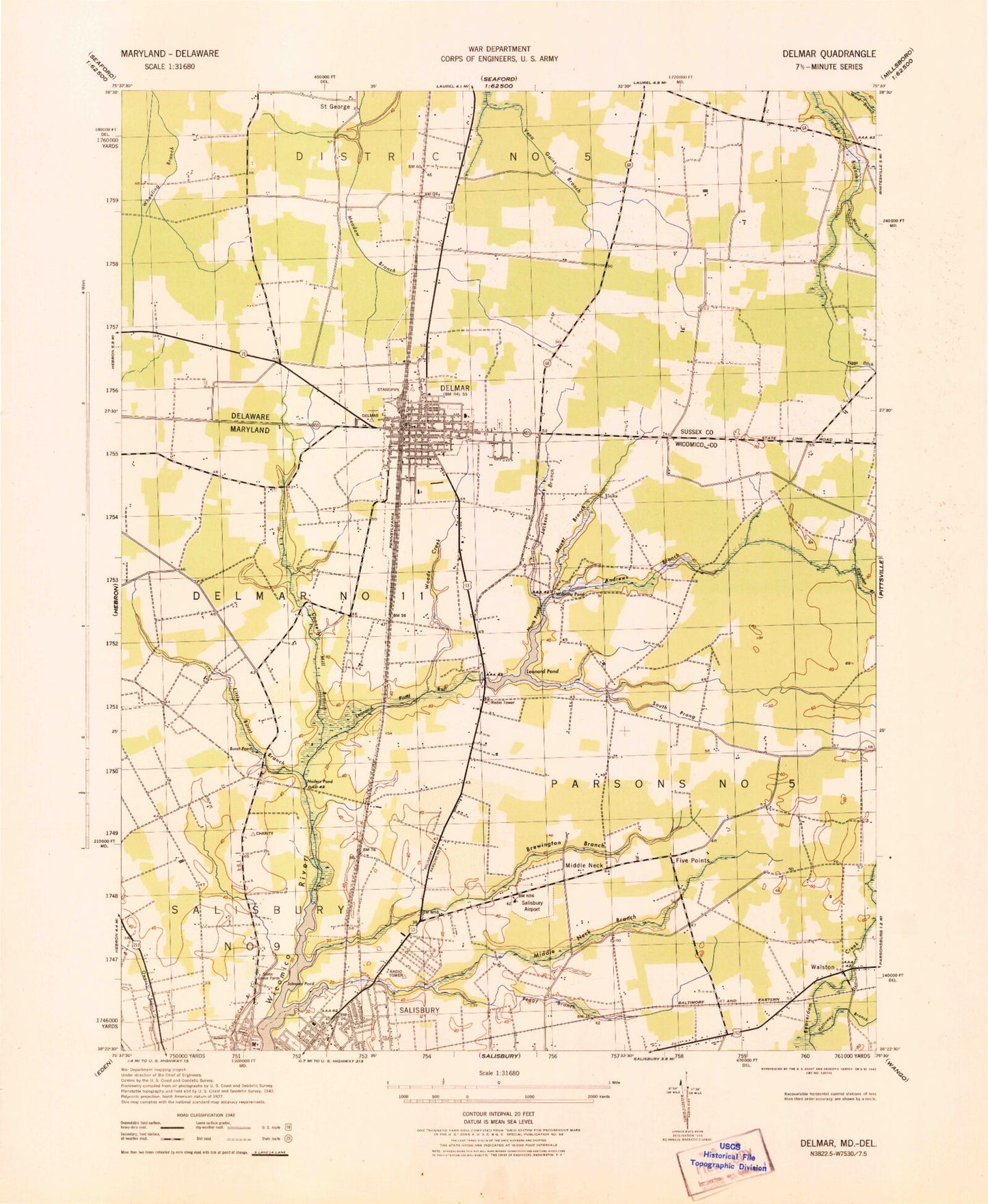Classic USGS Delmar Maryland 7.5'x7.5' Topo Map Image