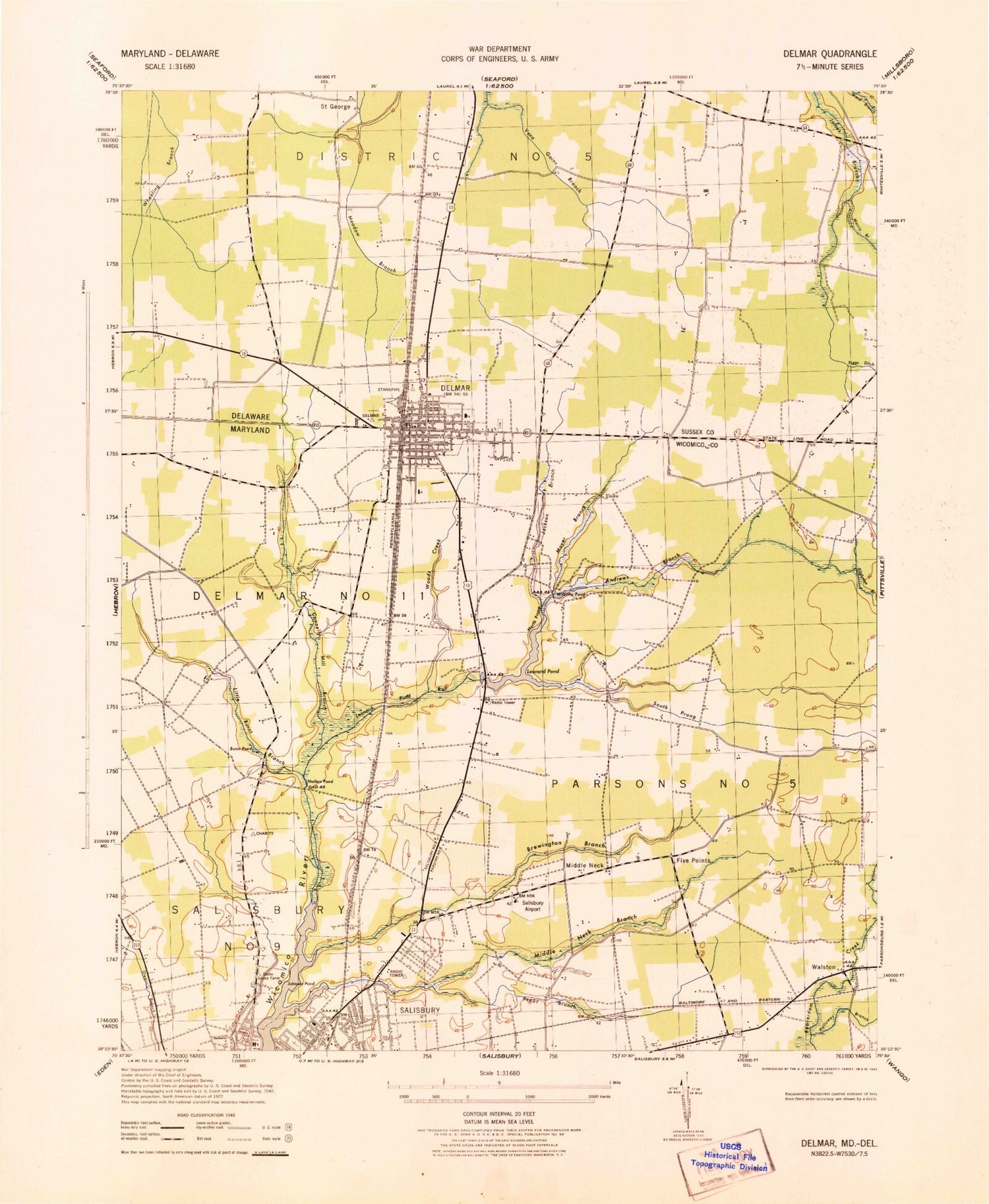 Classic USGS Delmar Maryland 7.5'x7.5' Topo Map Image