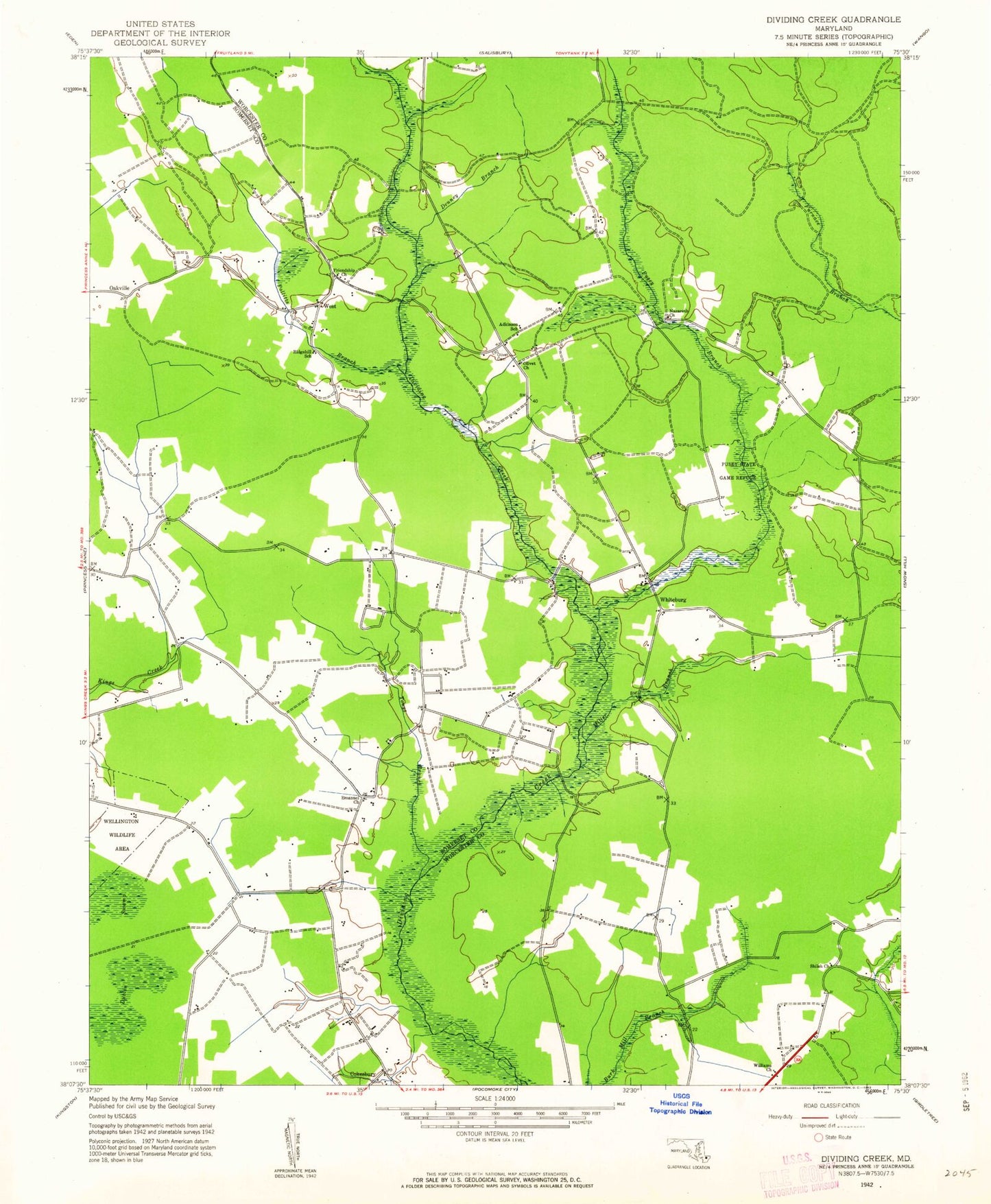 Classic USGS Dividing Creek Maryland 7.5'x7.5' Topo Map Image