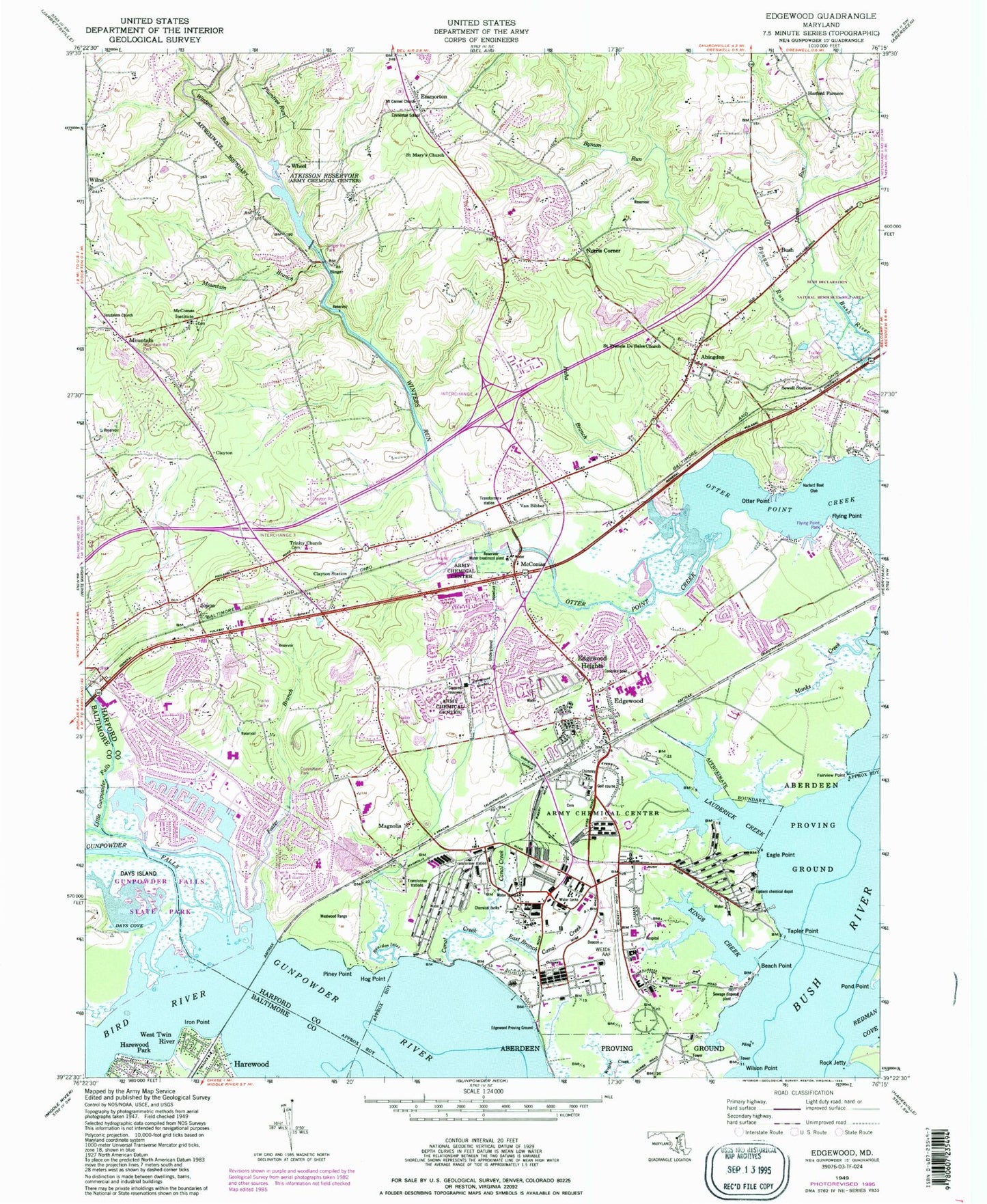 Classic USGS Edgewood Maryland 7.5'x7.5' Topo Map Image