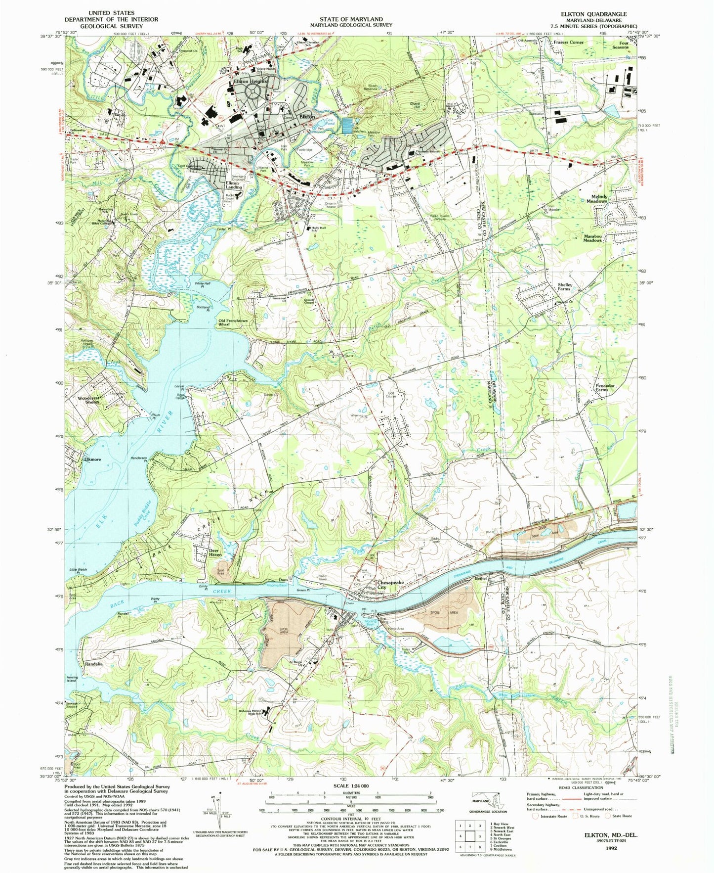 Classic USGS Elkton Maryland 7.5'x7.5' Topo Map Image