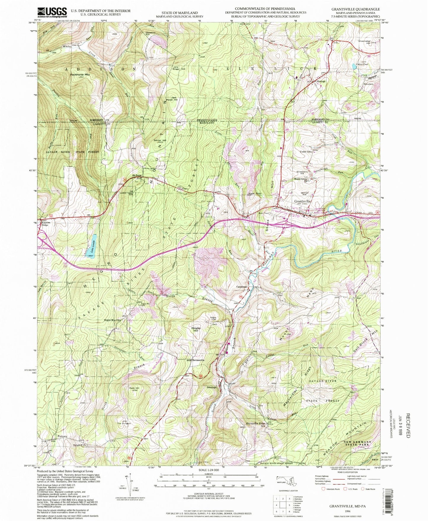 Classic USGS Grantsville Maryland 7.5'x7.5' Topo Map Image