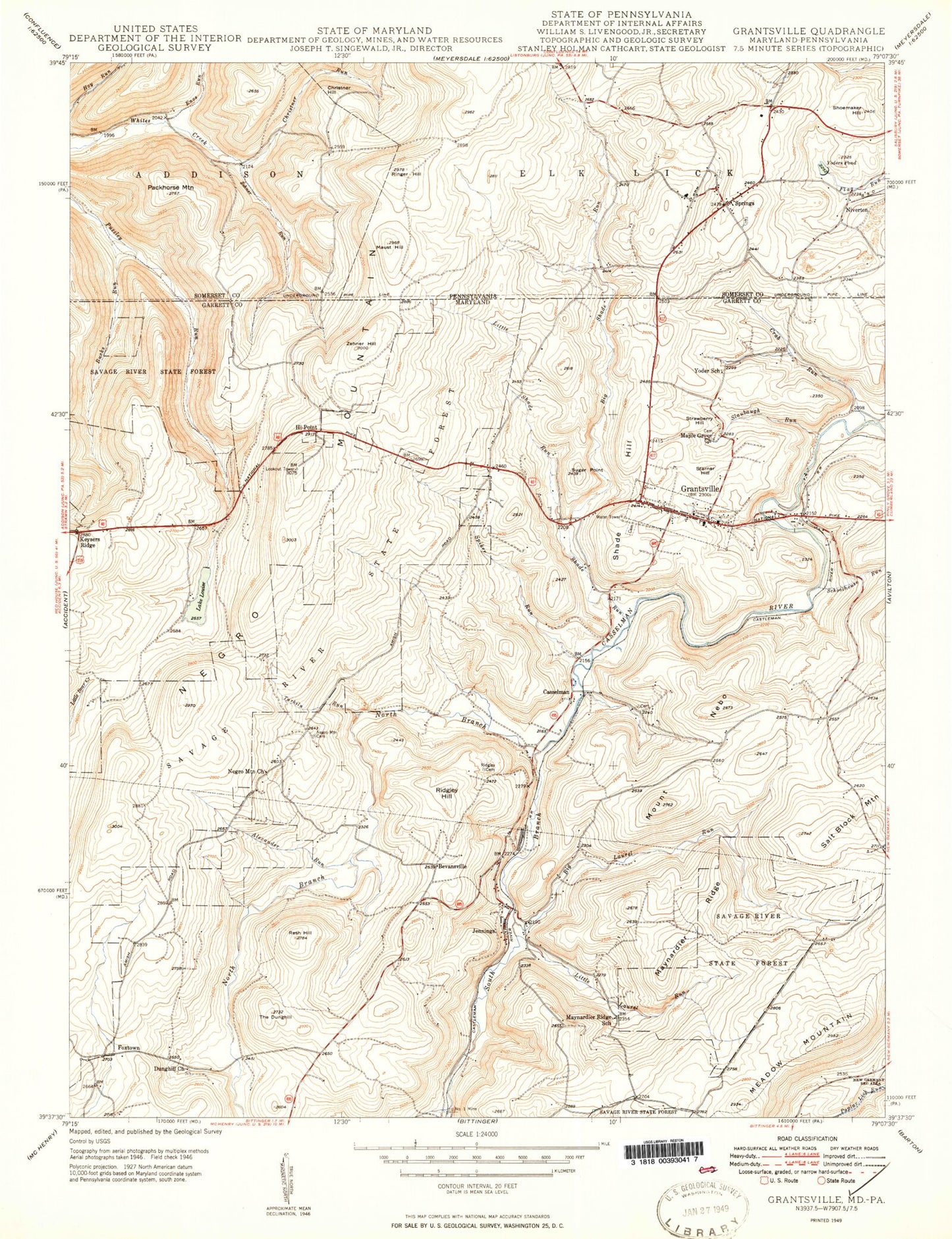 Classic USGS Grantsville Maryland 7.5'x7.5' Topo Map Image