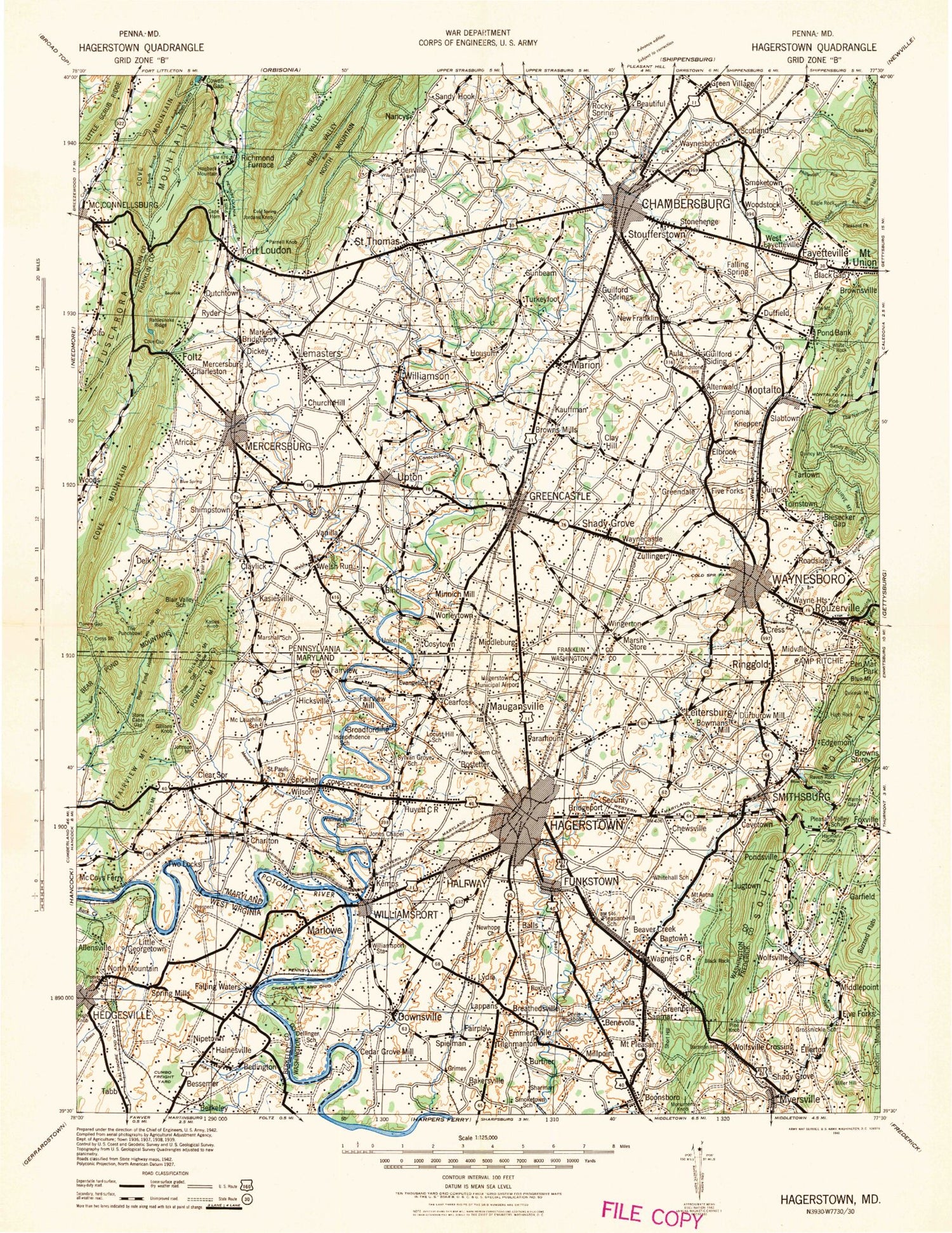 Historic 1942 Hagerstown Maryland 30'x30' Topo Map Image