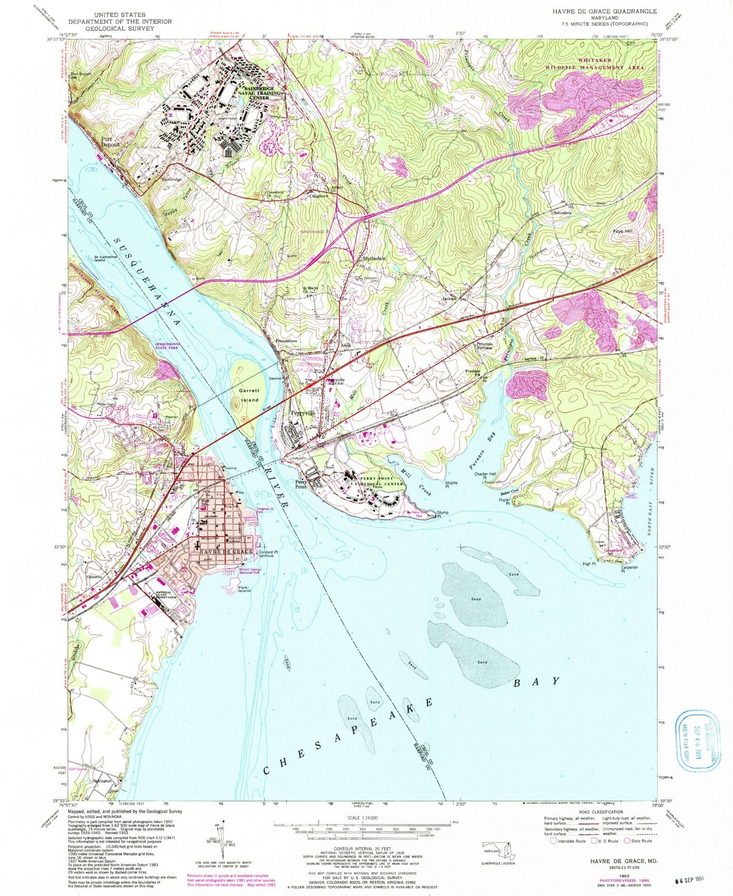 Classic USGS Havre De Grace Maryland 7.5'x7.5' Topo Map Image