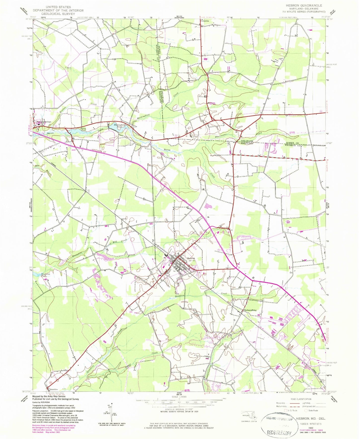 Classic USGS Hebron Maryland 7.5'x7.5' Topo Map Image
