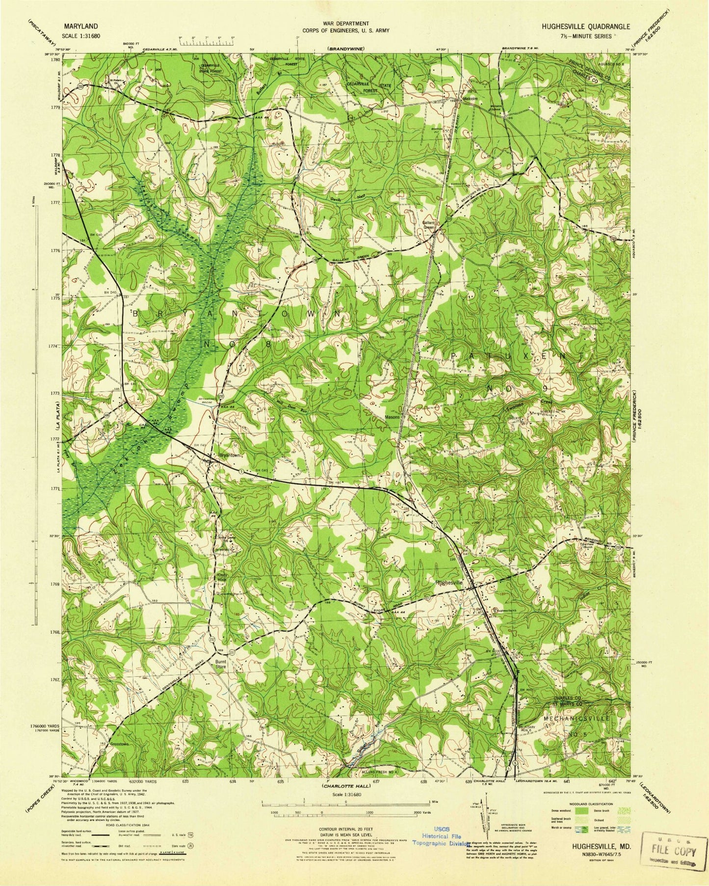 Classic USGS Hughesville Maryland 7.5'x7.5' Topo Map Image
