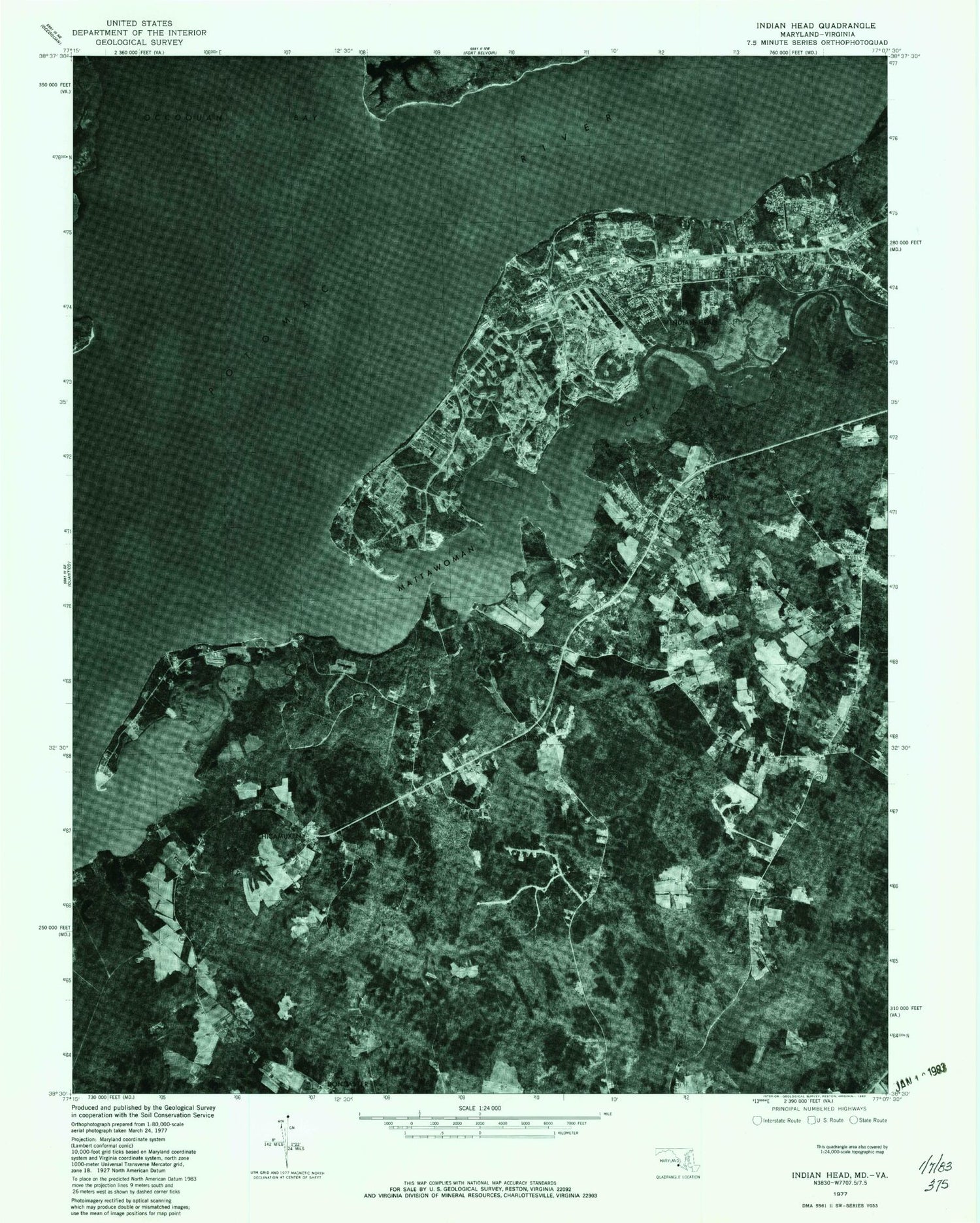 Classic USGS Indian Head Maryland 7.5'x7.5' Topo Map Image
