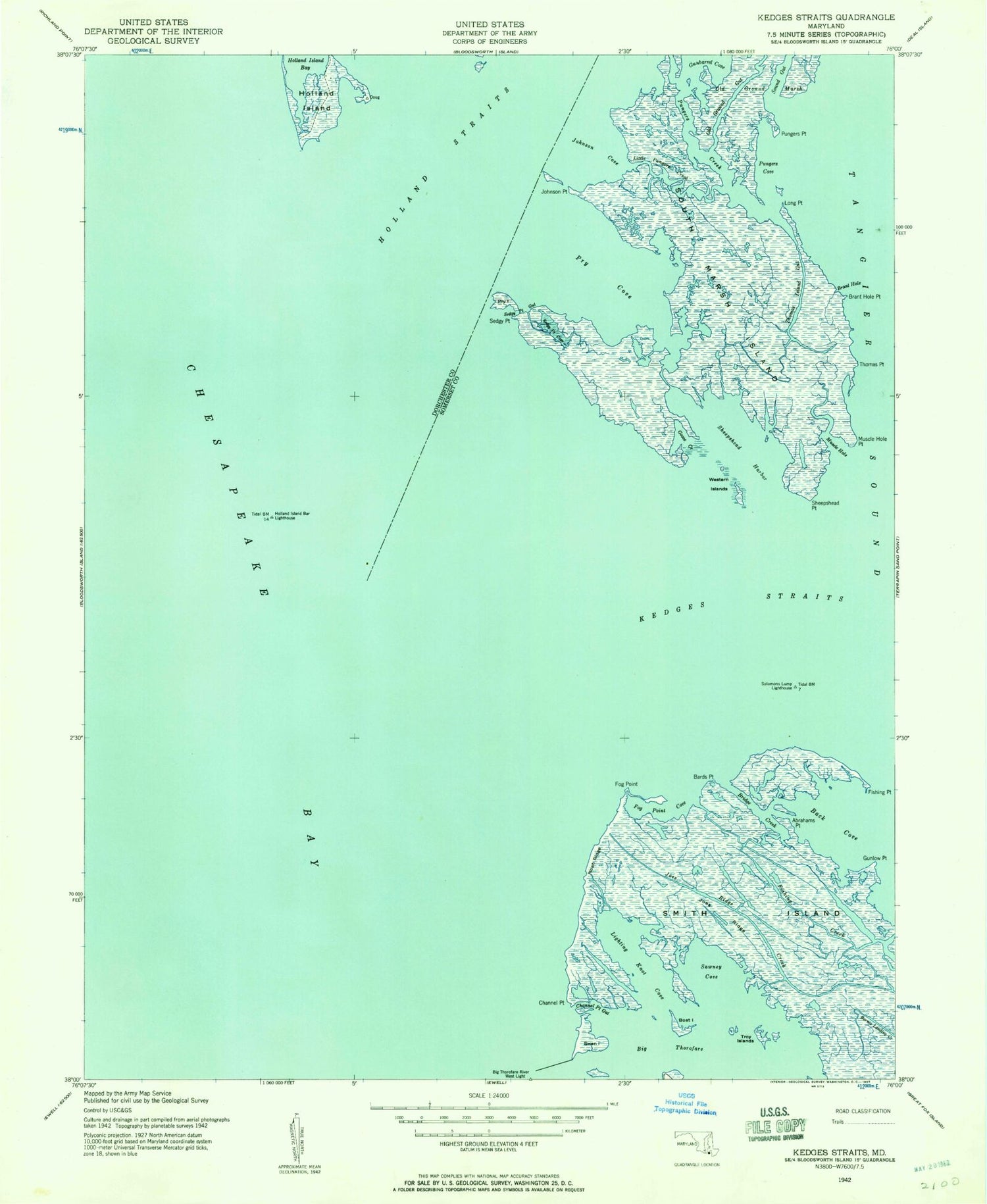 Classic USGS Kedges Straits Maryland 7.5'x7.5' Topo Map Image