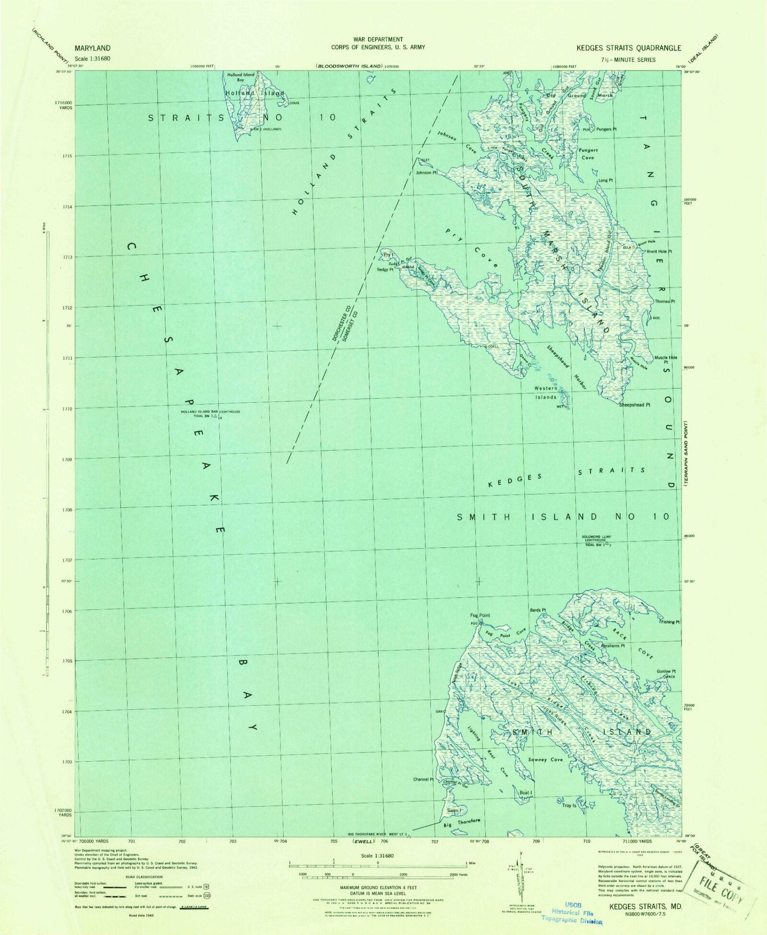 Classic USGS Kedges Straits Maryland 7.5'x7.5' Topo Map Image
