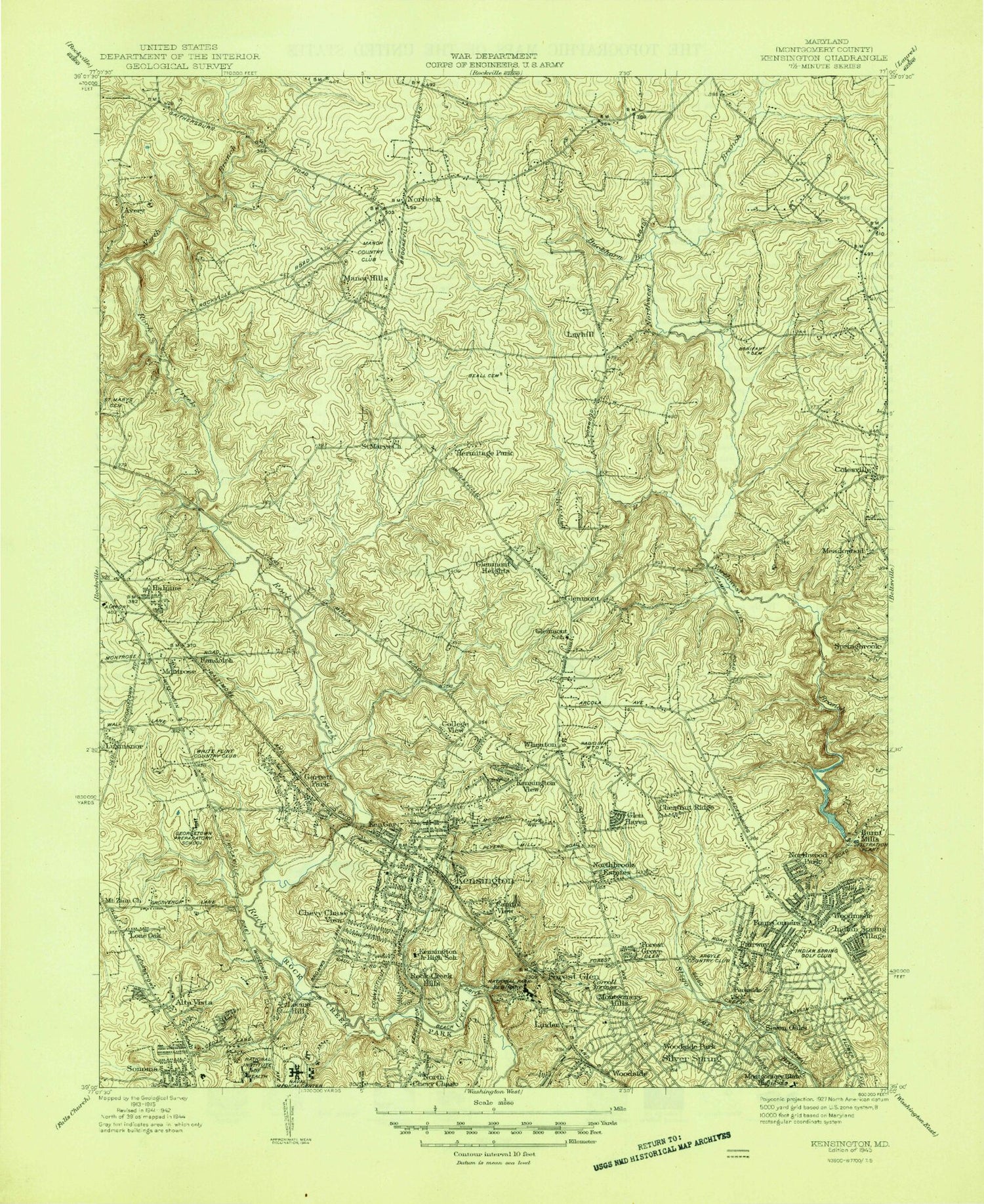 Classic USGS Kensington Maryland 7.5'x7.5' Topo Map Image