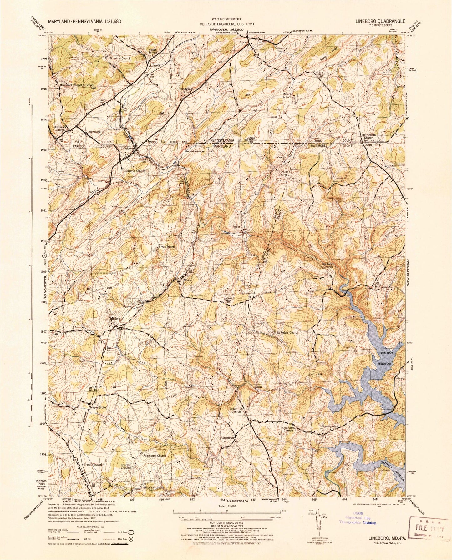 Classic USGS Lineboro Maryland 7.5'x7.5' Topo Map Image